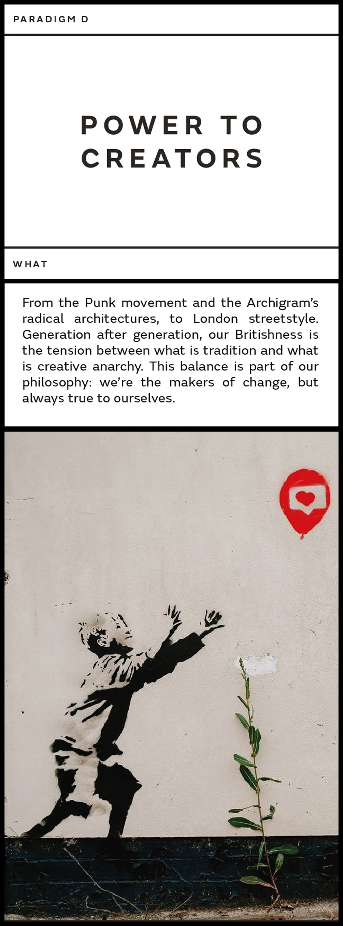 Poster with the text 'Power to Creators' at the top. Below, a paragraph discusses the influence of British culture, punk, and creativity. At the bottom, there is a graffiti-style image of a person reaching towards a red balloon with a heart inside a 