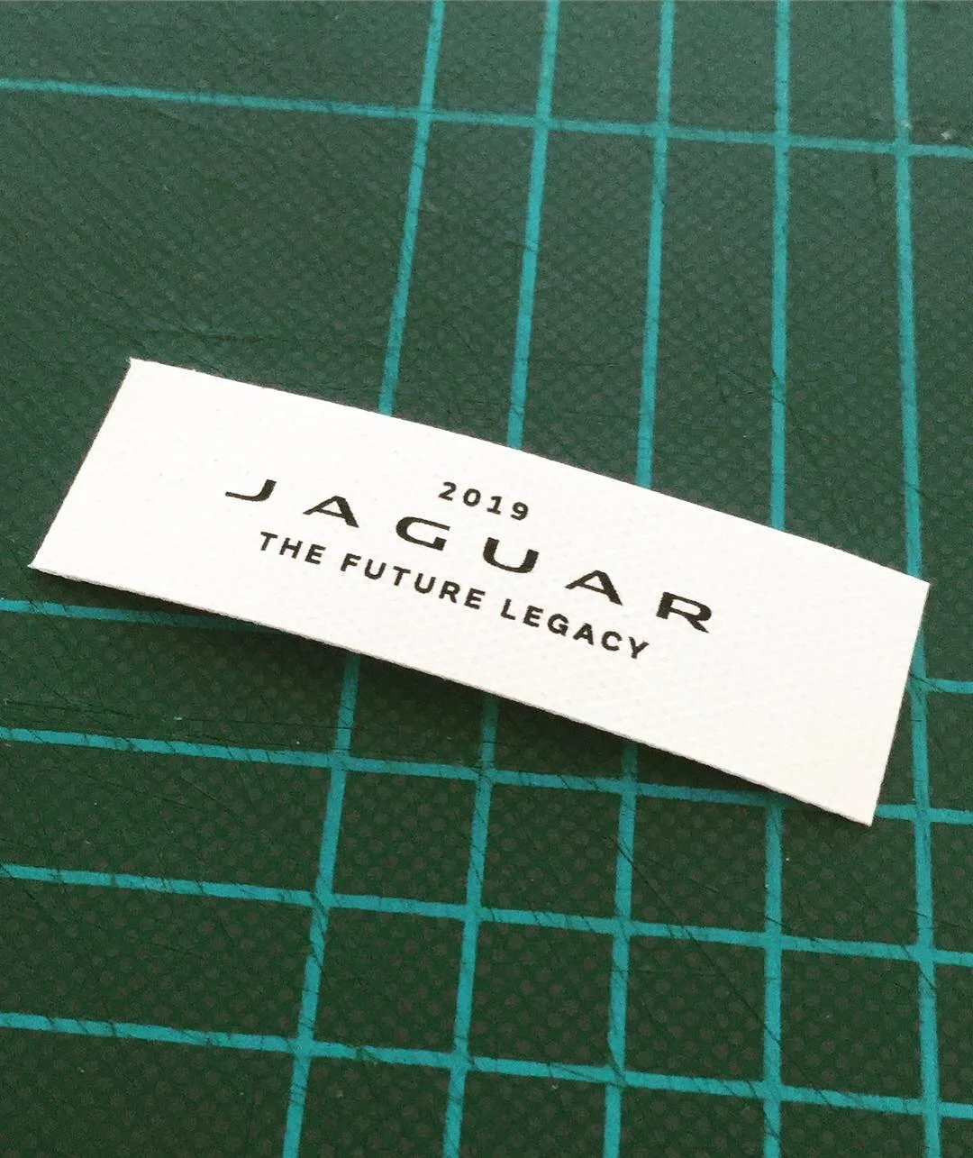 Label with '2019 Jaguar The Future Legacy' on green grid background.