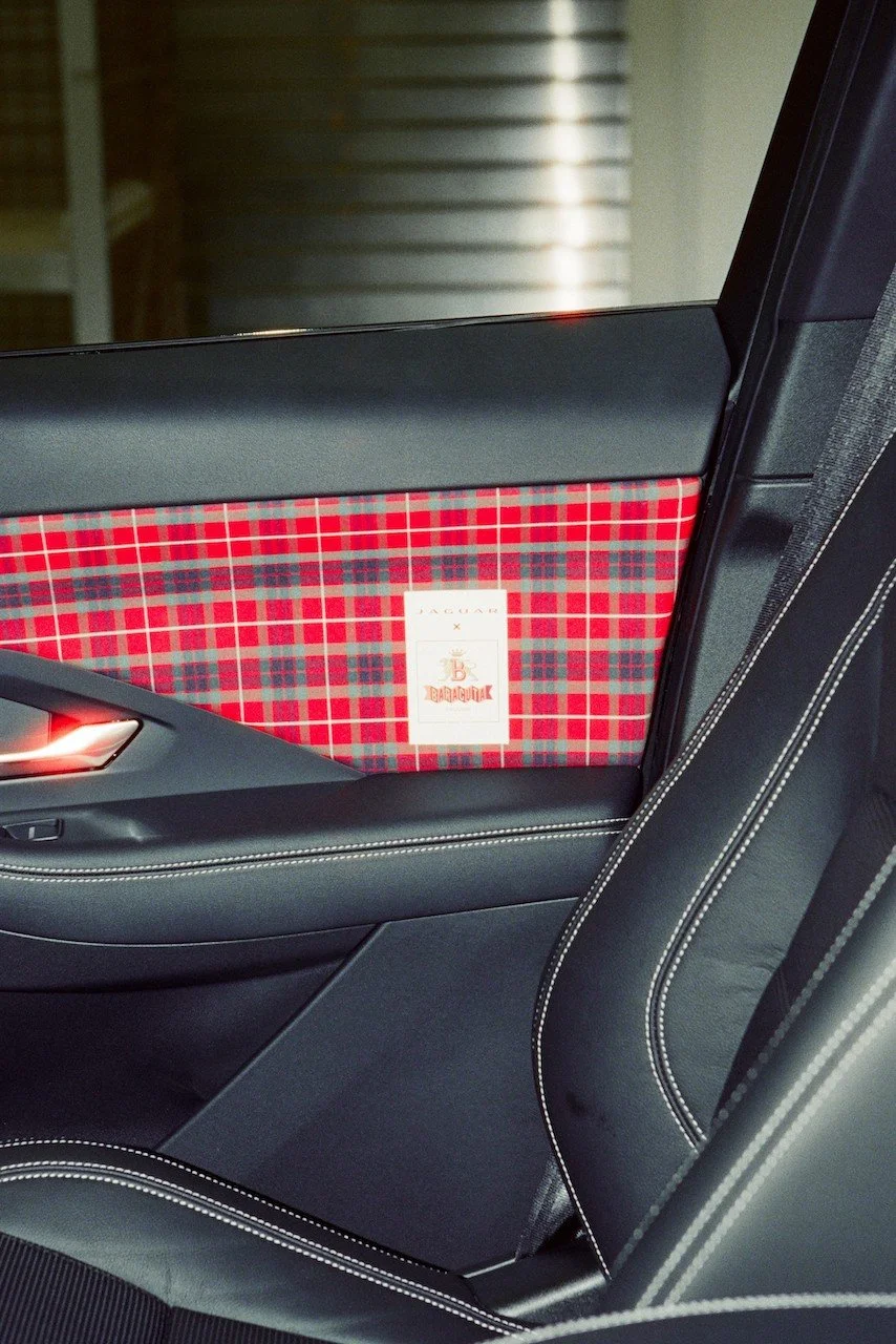 Car interior with plaid door trim and stitching details