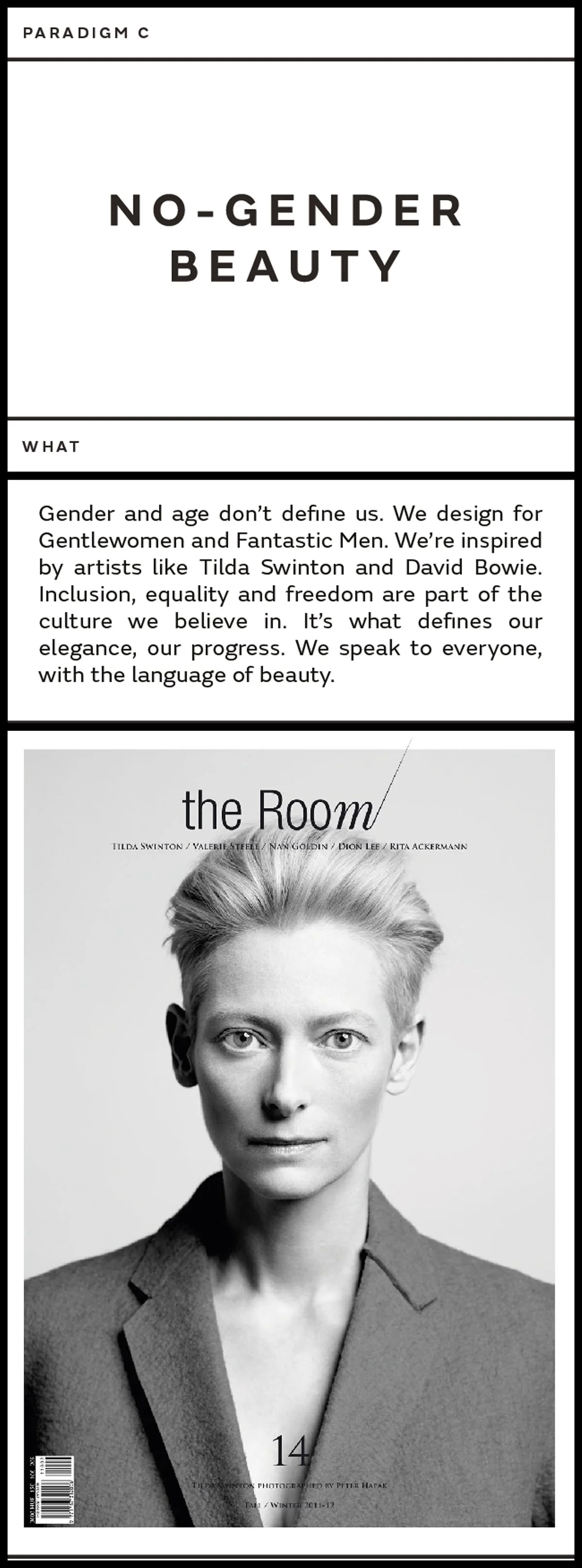 Magazine cover featuring "No-Gender Beauty" concept with black-and-white photo and text about inclusivity and beauty.