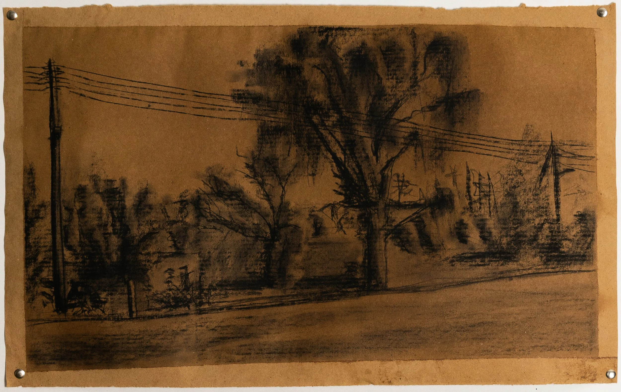 Strommasten,
Kohle auf Packpapier/Frottage,
37cm x 60cm,
2024