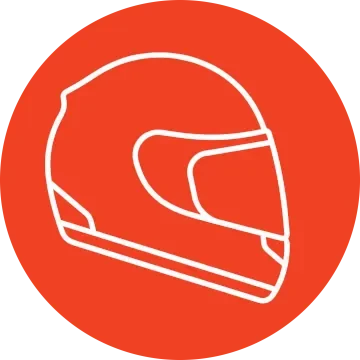 Pictogramme représentant un casque intégral de moto vu de profil sur un fond rouge