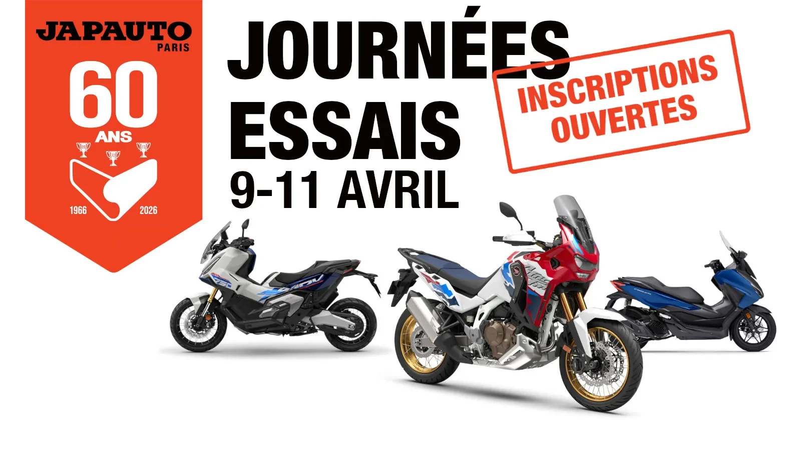 Participez aux Journées Essais Anniversaire 60 ans Japauto les 9, 10 et 11 avril.Réservez l'essai de votre nouvelle Honda