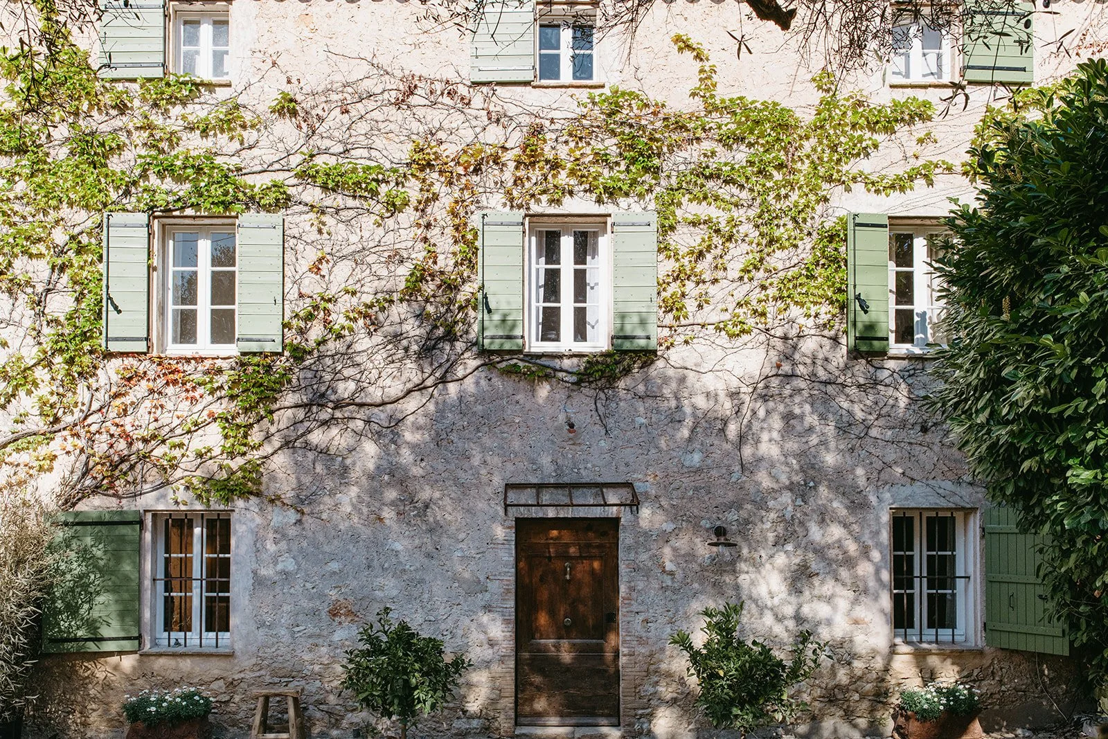 Rustic stone house facade with green shutters, climbing vines, wooden door, and potted plants