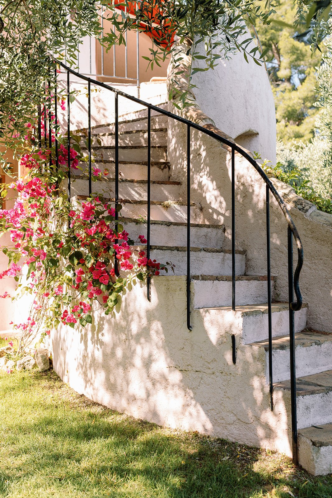 White stucco exterior staircase with black wrought-iron railing, pink bougainvillea, and olive branches in a sunny garden