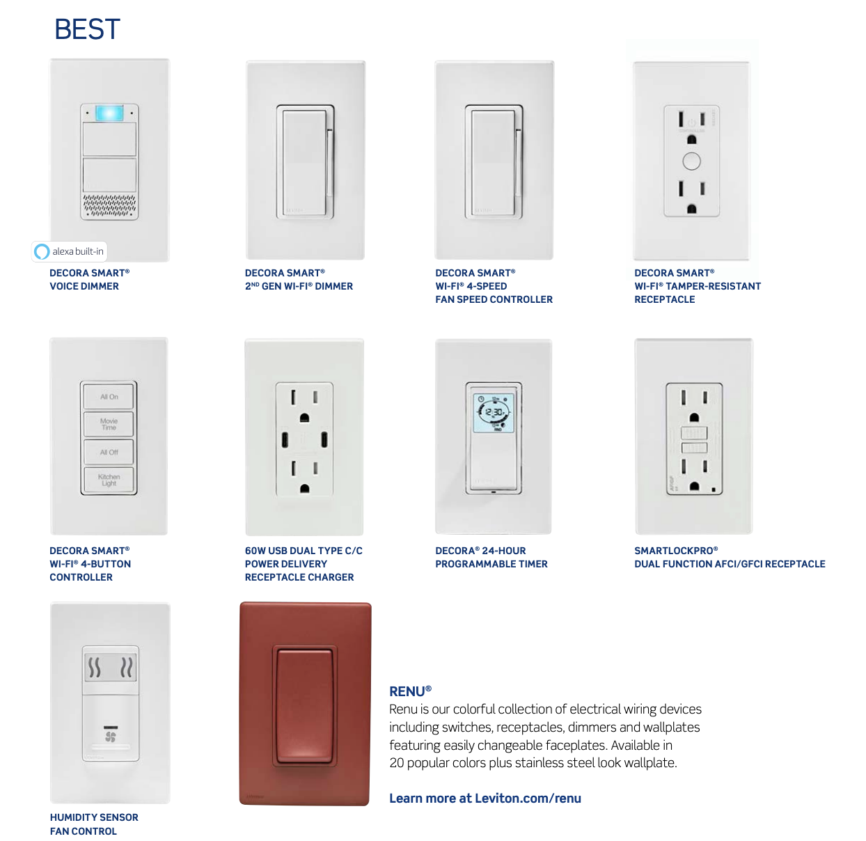 Collection of electrical wiring devices including smart switches, dimmers, fan controllers, receptacles, timers, chargers, humidity sensors, and wallplates, with the Renu color sample in red.