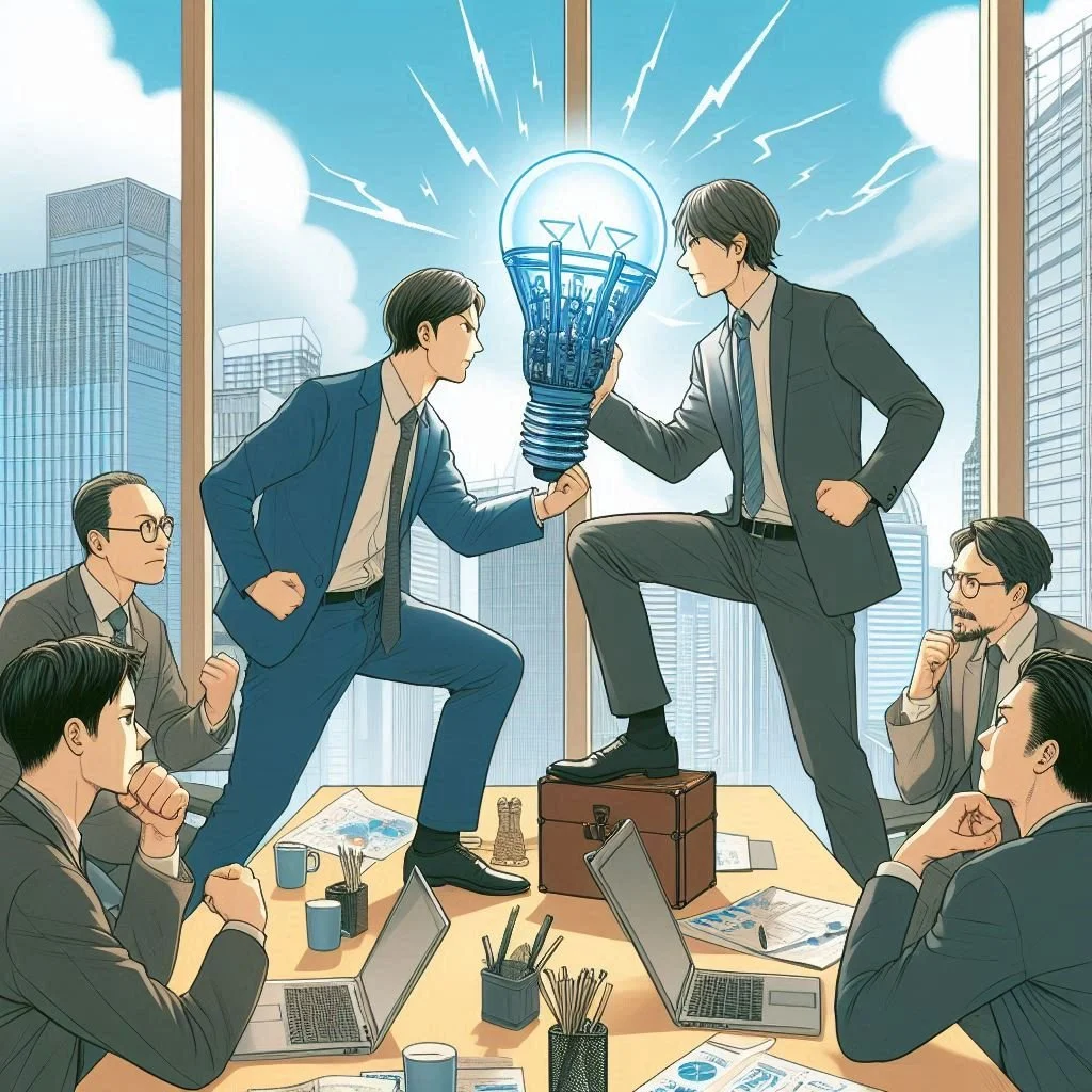 회사와 직원이 개발된 아이디어를 서로의 것이라고 싸우는 장면.jpeg