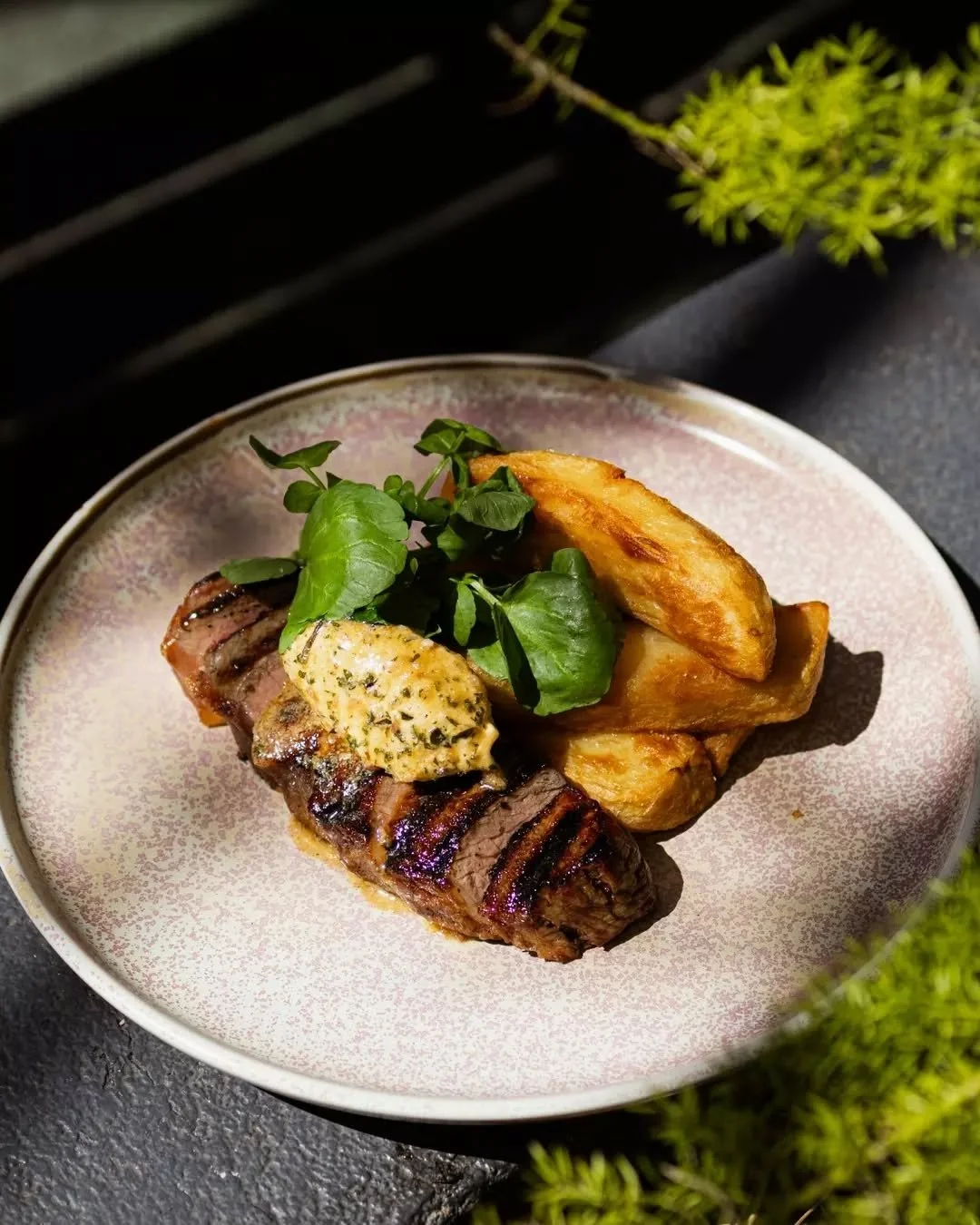 Steak with chips and watercress. Six sauces to choose from. We'd go bone marrow &amp; thyme.