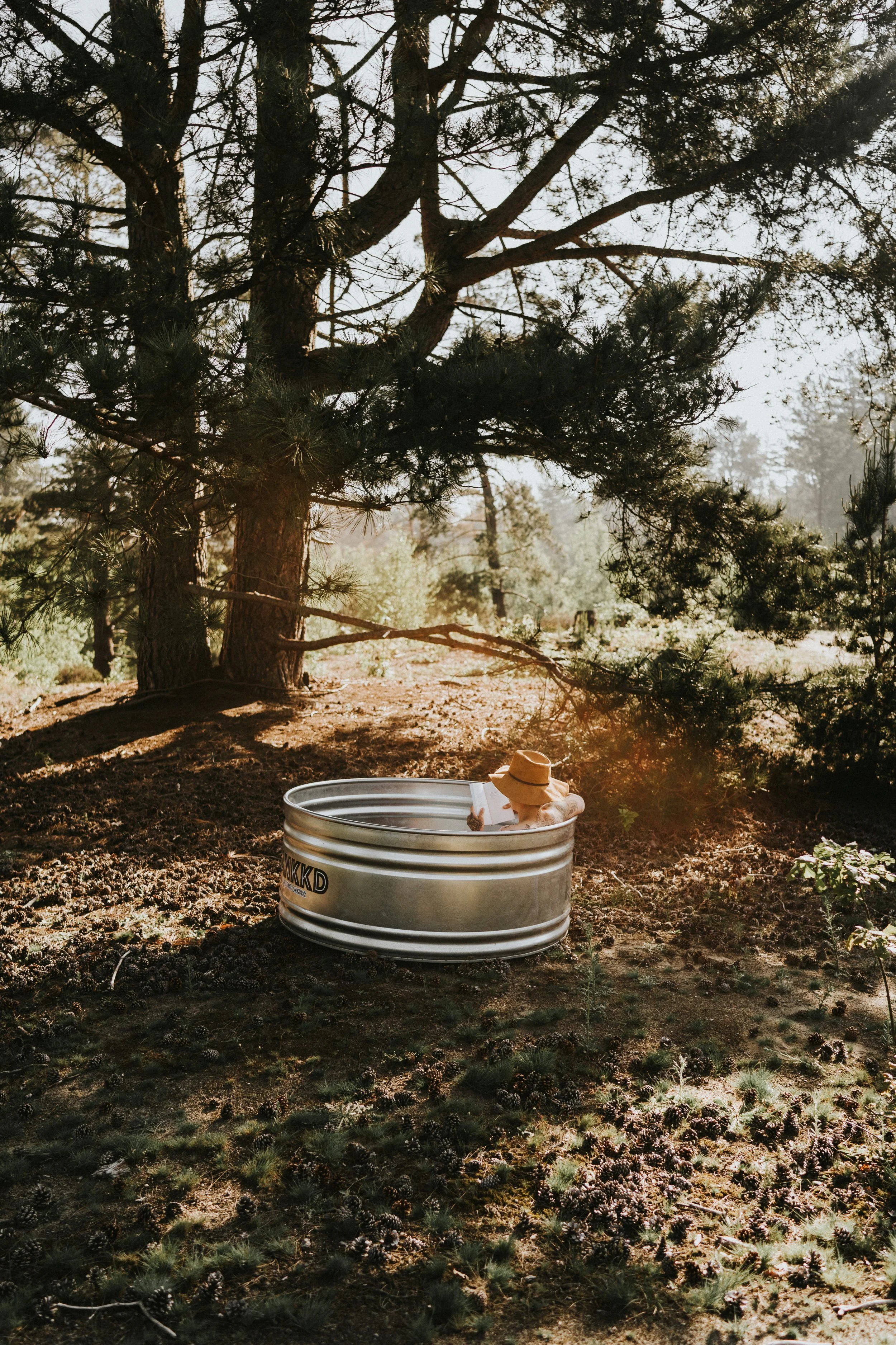 Child wearing a tan hat sitting in a stock tank outdoors in a forest, reading a book during daylight.