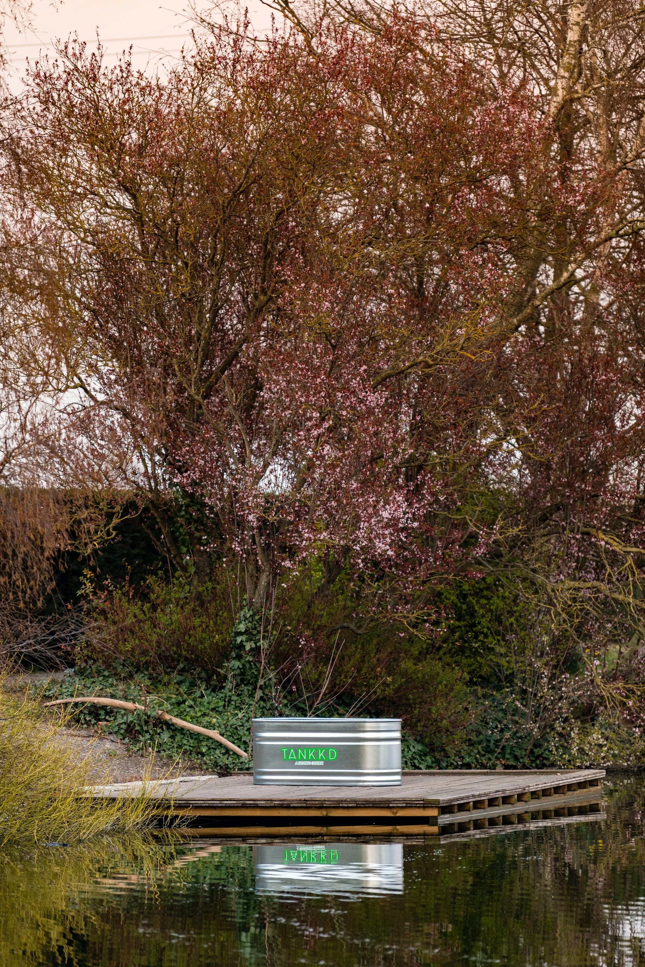 A Stock Tank by a calm lake with a blossoming tree in the background and a metal container with green illuminated text that reads 'TANKKD' on the dock.