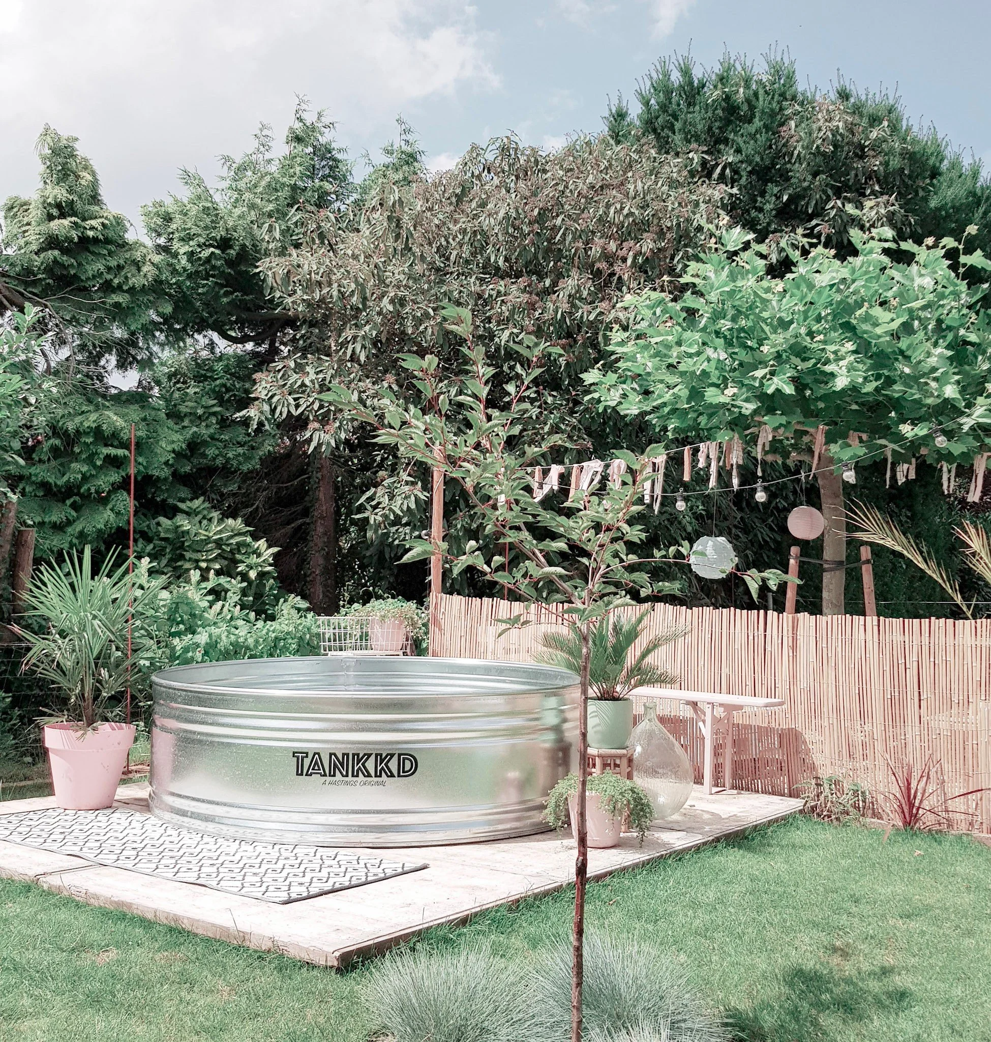 Backyard garden with potted plants, a Stock tank pool labeled 'TANKKD', a grassy lawn, trees, and pink string lights hanging above.