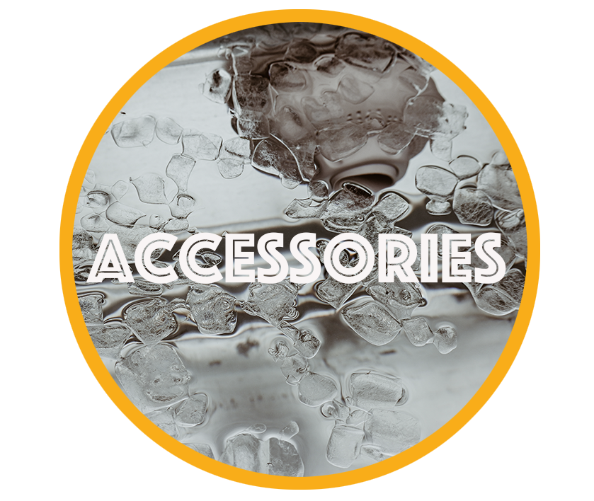 Close-up image of ice cubes with the word 'ACCESSORIES' written across in bold white letters.