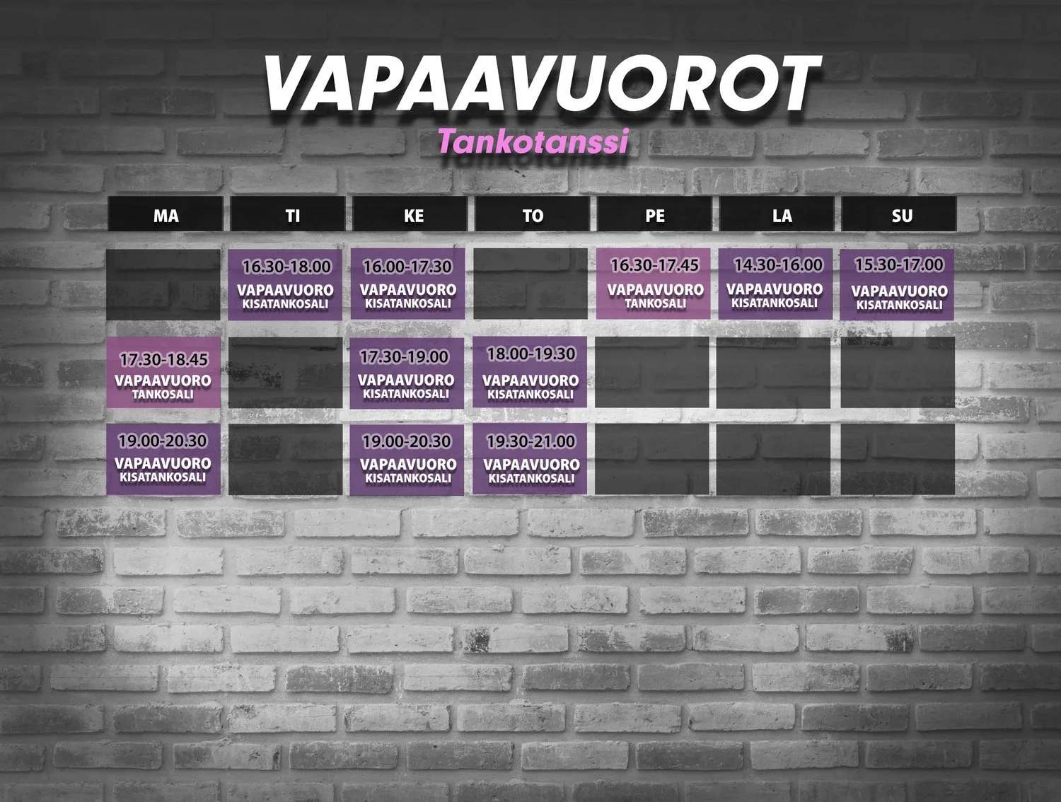 Vapaavuorot lukujärjestys tankotanssistudiolle, EPIC Training Centerissä.