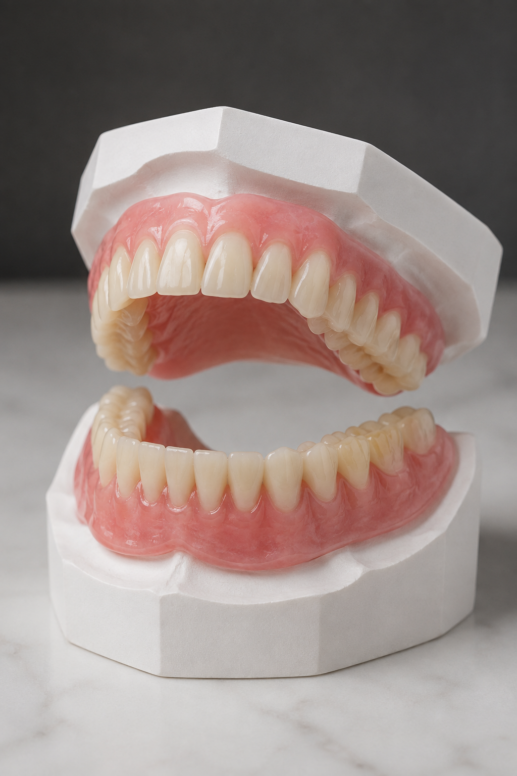 Complete upper and lower acrylic dentures on dental laboratory models