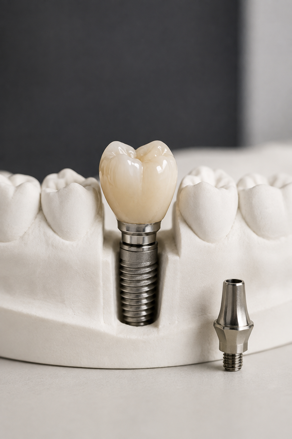 Ceramic implant crown and titanium abutment on a dental laboratory model