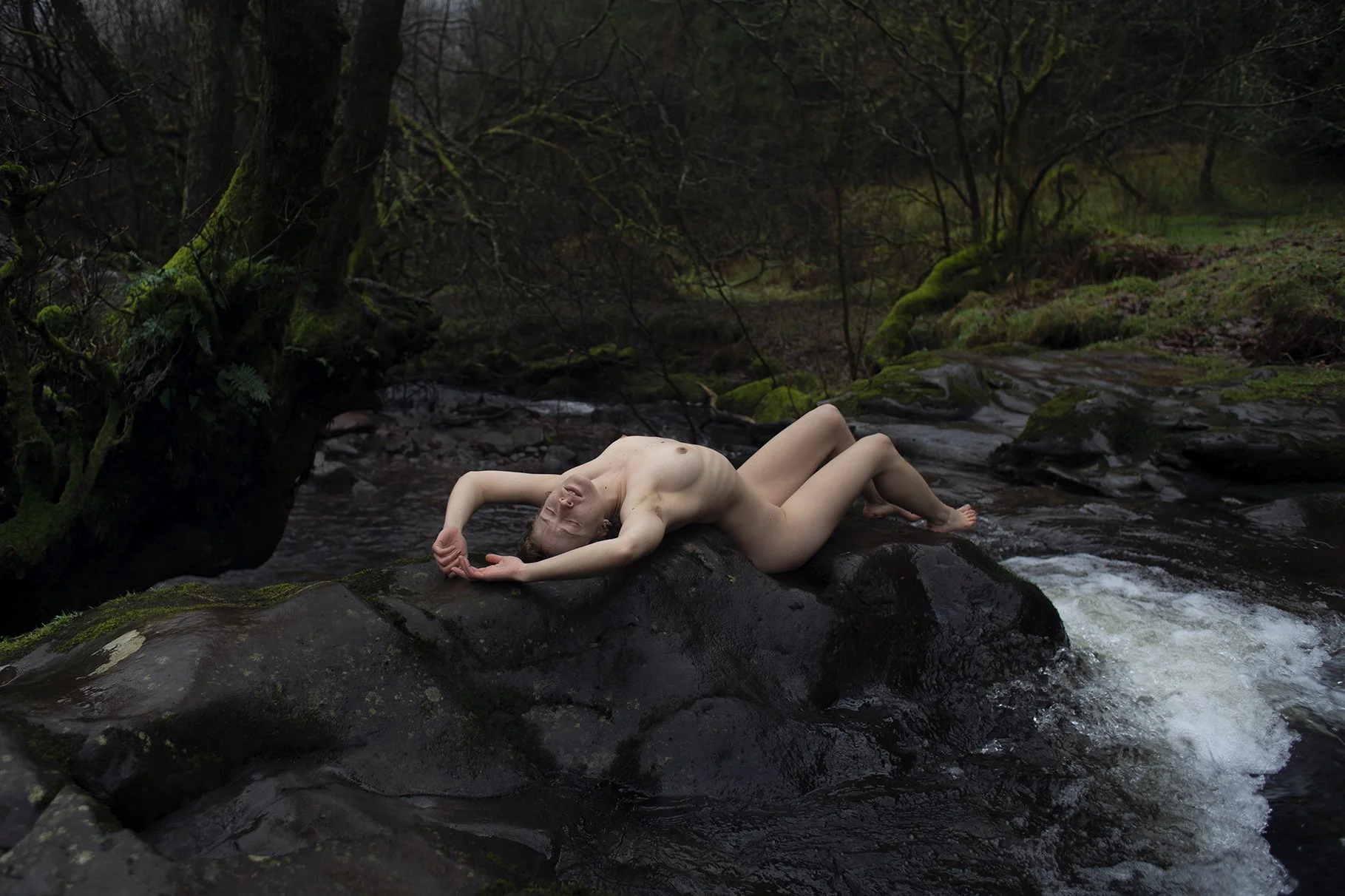 A nude woman lying on a moss-covered rock in a shallow creek in a forest with moss-covered trees and green foliage.