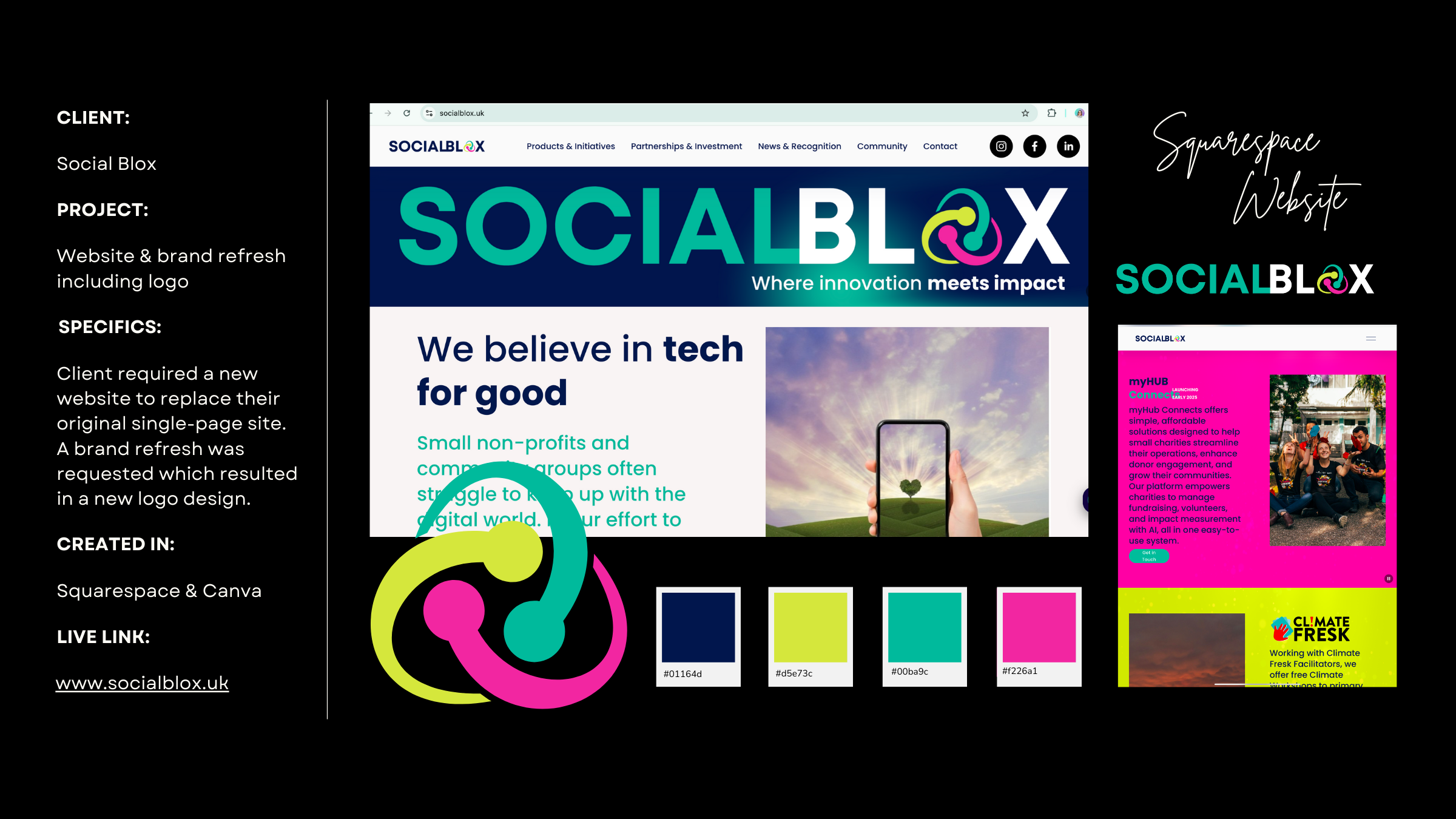 Design mockup of Social Blox website with a colorful logo, color palette, and screenshots of website pages, emphasizing brand refresh and new logo.