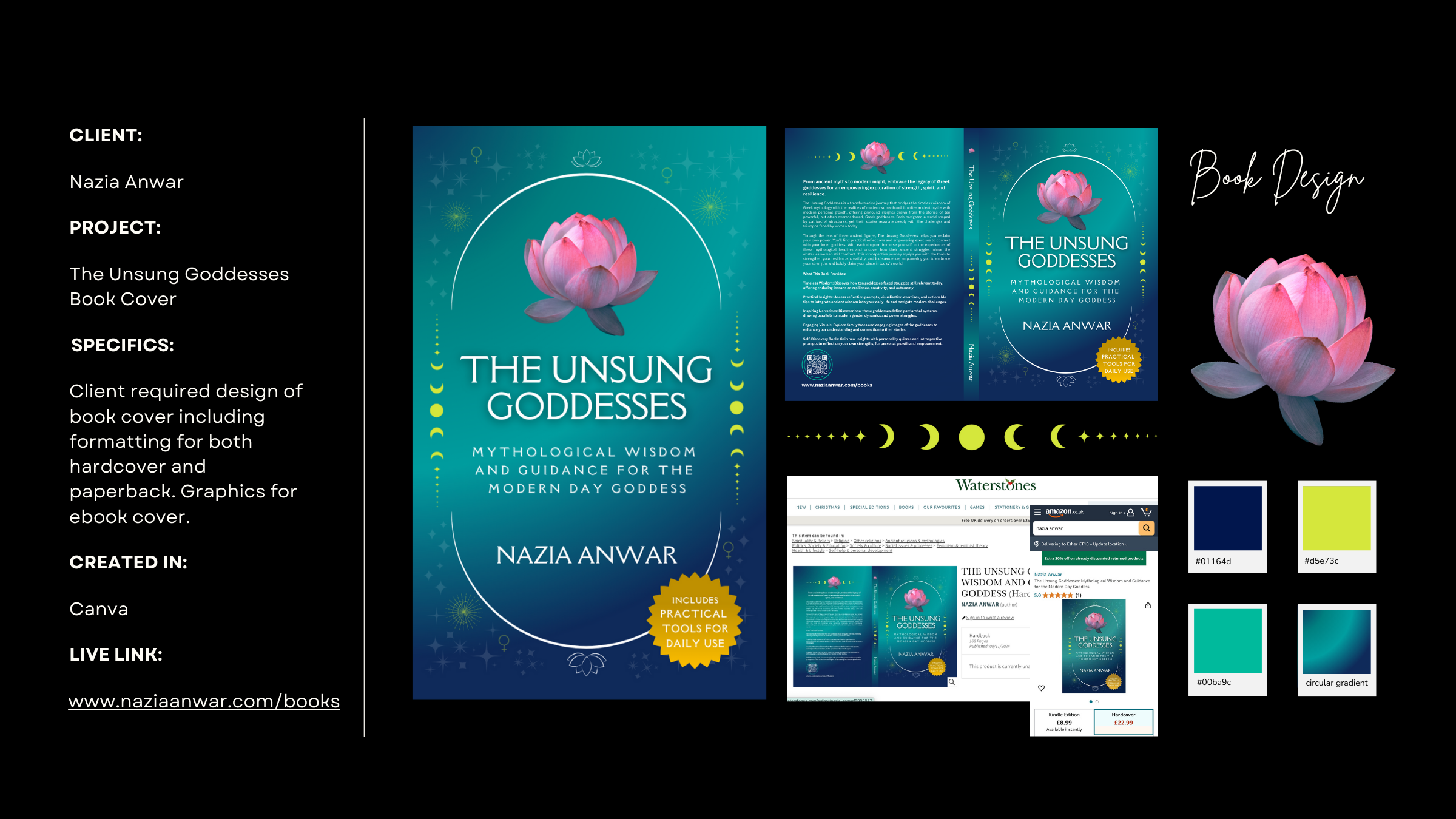 Design presentation for the book cover of 'The Unsung Goddesses' by Nazia Anwar, featuring a pink lotus flower on a teal background with celestial and moon phase motifs, including color palettes and layout concepts.