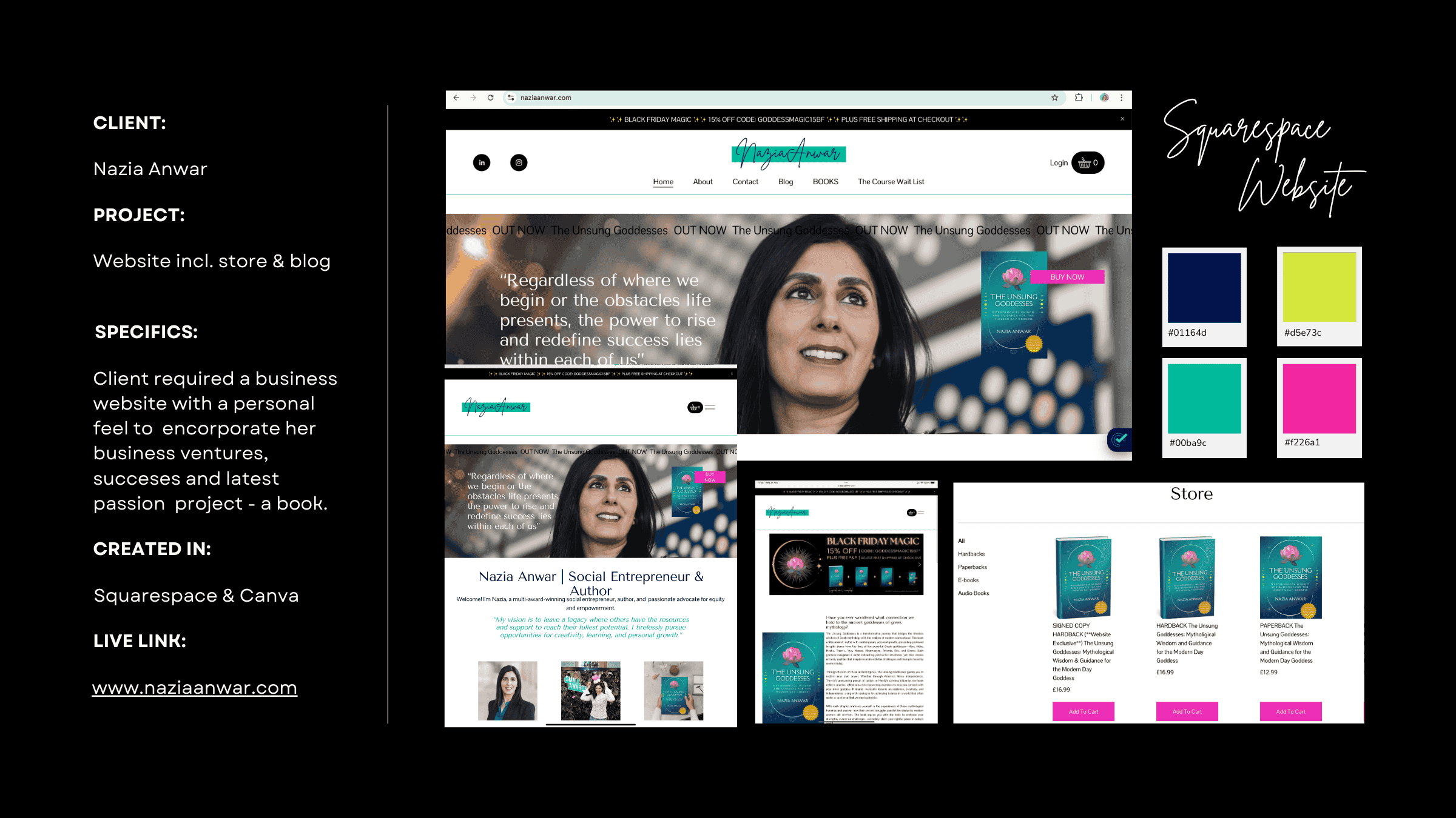 A presentation slide showing a sample website design for Nazia Anwar, a social entrepreneur and author. The slide includes a screenshot of the website on multiple devices, color palette swatches, and project details including client, project scope, t