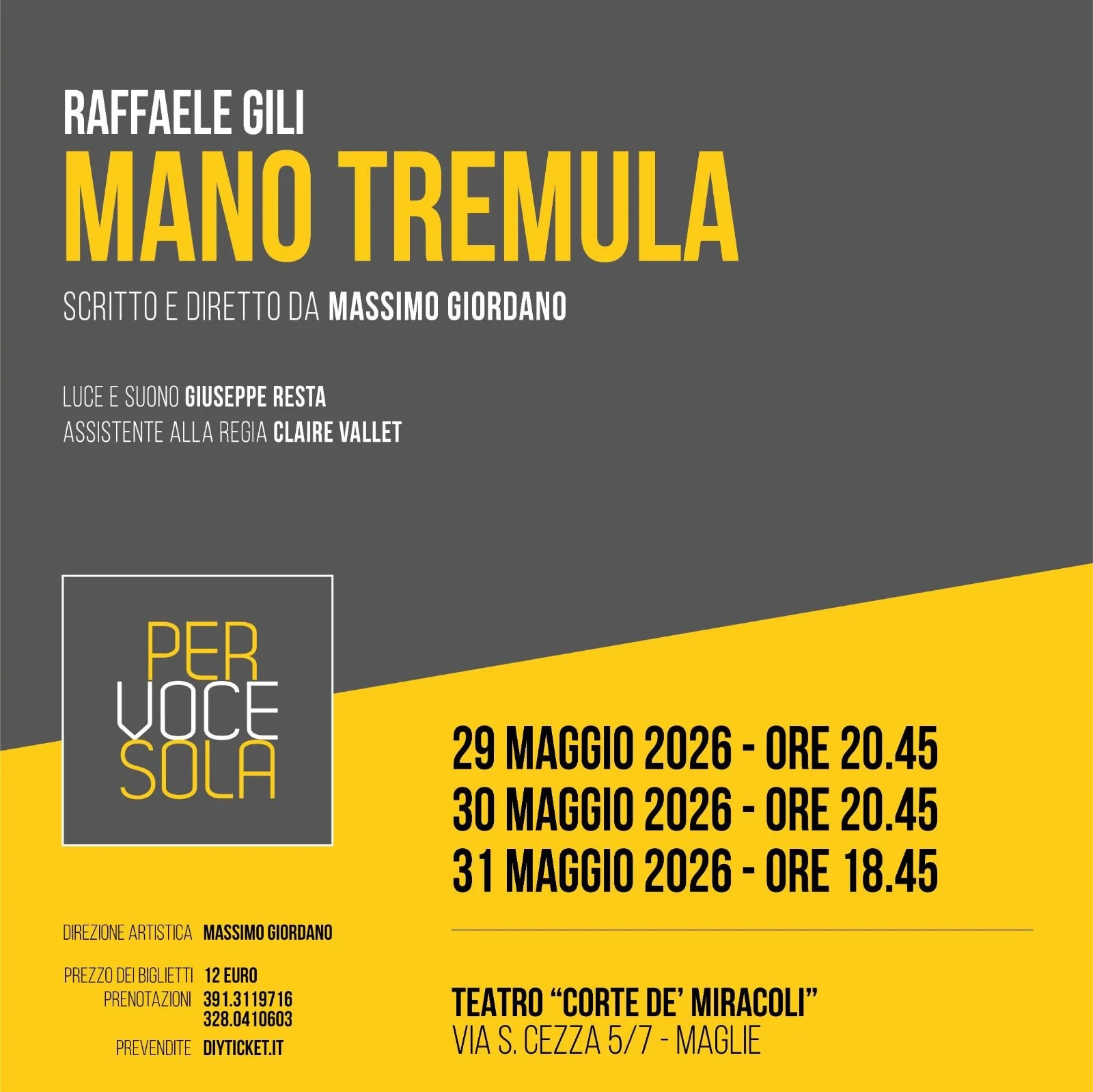 "Mano tremula", per ridere del Parkinson uno spettacolo domani sera a Corte de' Miracoli