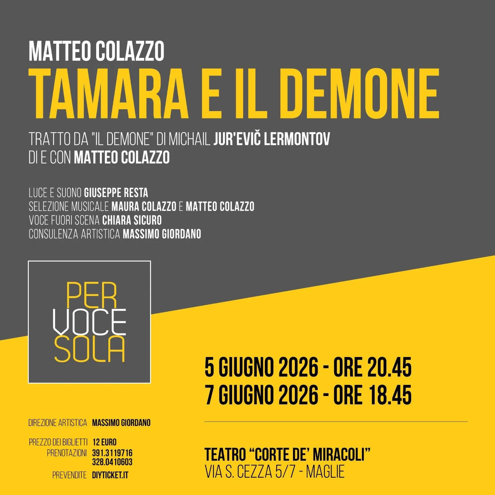"Tamara e il Demone", due spettacoli a Corte de' Miracoli a Maglie, domani e domenica, per chiudere "Per voce sola”