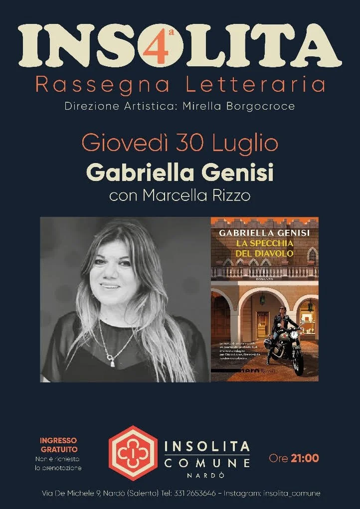 Giovedì 30 luglio, Incontro letterario con Gabriella Genisi sulla terrazza di Insolita Comune