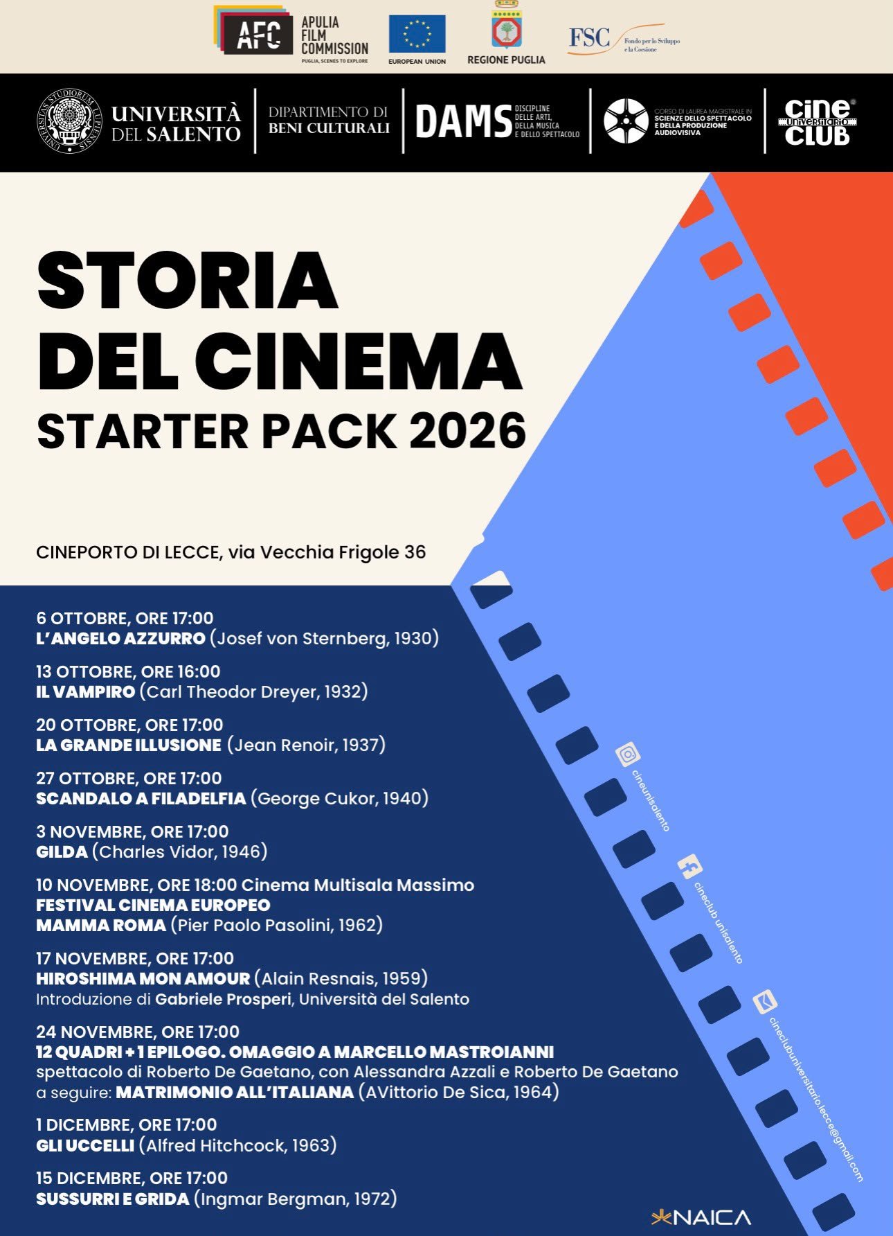 AL CINEPORTO TORNA “STORIA DEL CINEMA - STARTER PACK”: DIECI APPUNTAMENTI CON I GRANDI CLASSICI