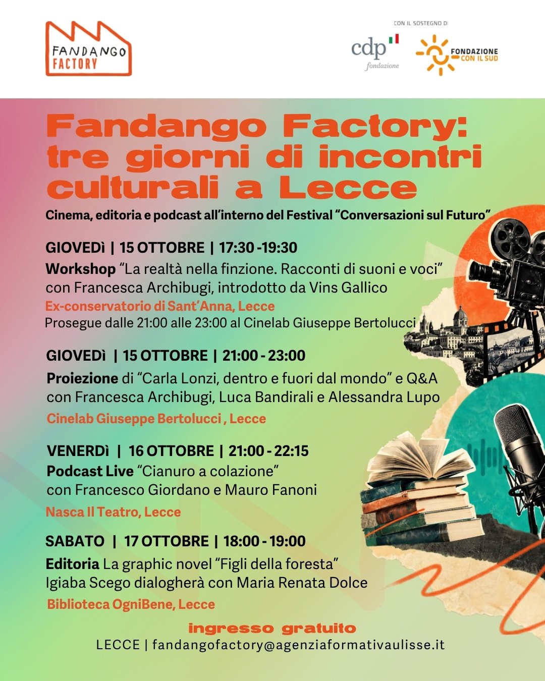Fandango Factory: tre giorni di incontri culturali a Lecce . Cinema, editoria e podcast nell’ambito del Festival “Conversazioni sul Futuro”