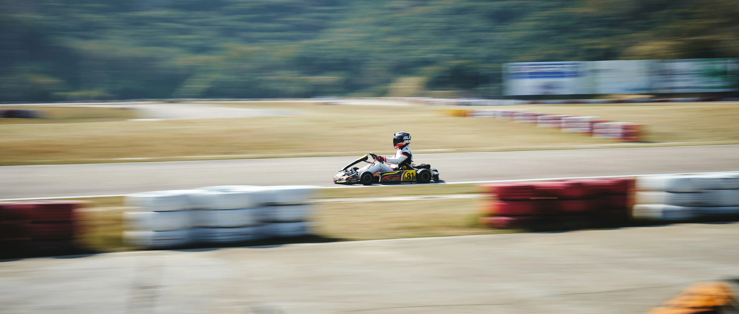 Een snel racende go-kart op een kartbaan met rode en witte banden, op de achtergrond een bos en een reclamebord.