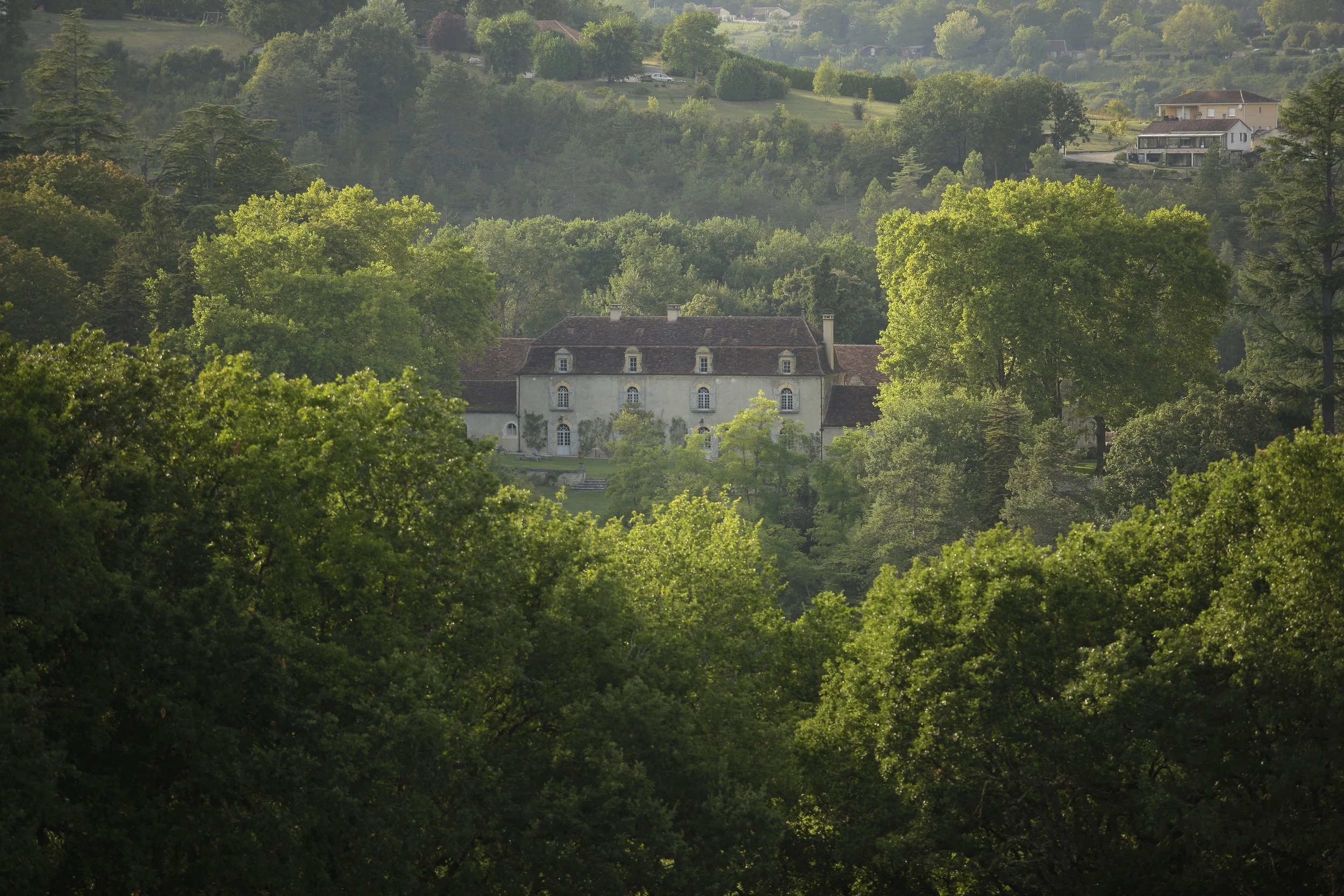 Een groot landhuis verscholen in een weelderig groen bos bovenop een heuvel, met andere huizen verderop op de achtergrond.