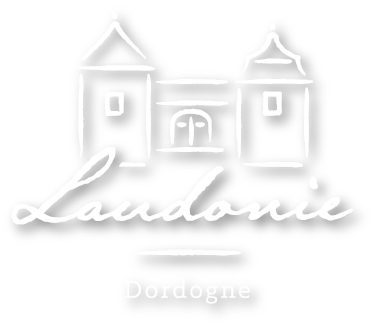 A black background with a white line drawing of two towers and an archway, along with the word 'Laundrie' and 'Dordogne' written underneath.