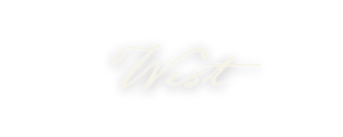 The word 'West' written in white cursive text on a black background.