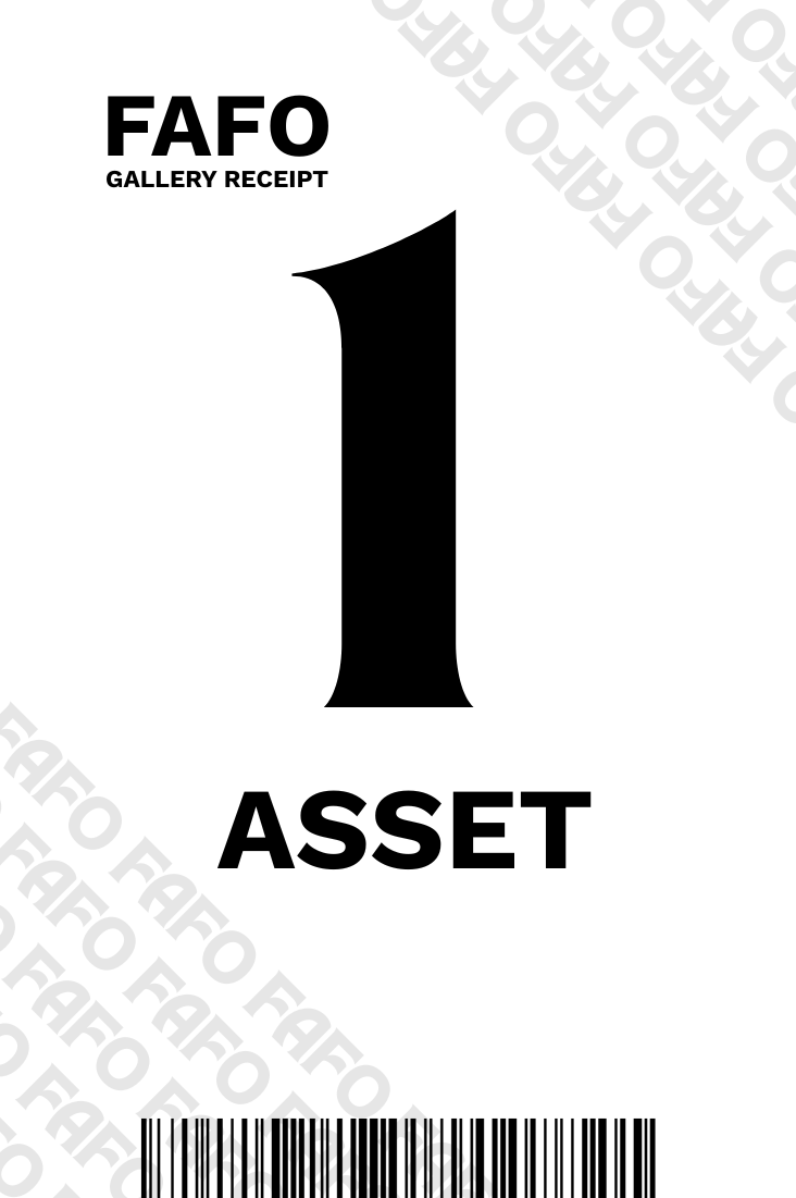 Gallery receipt from FAFO indicating 1 asset with a barcode at the bottom.