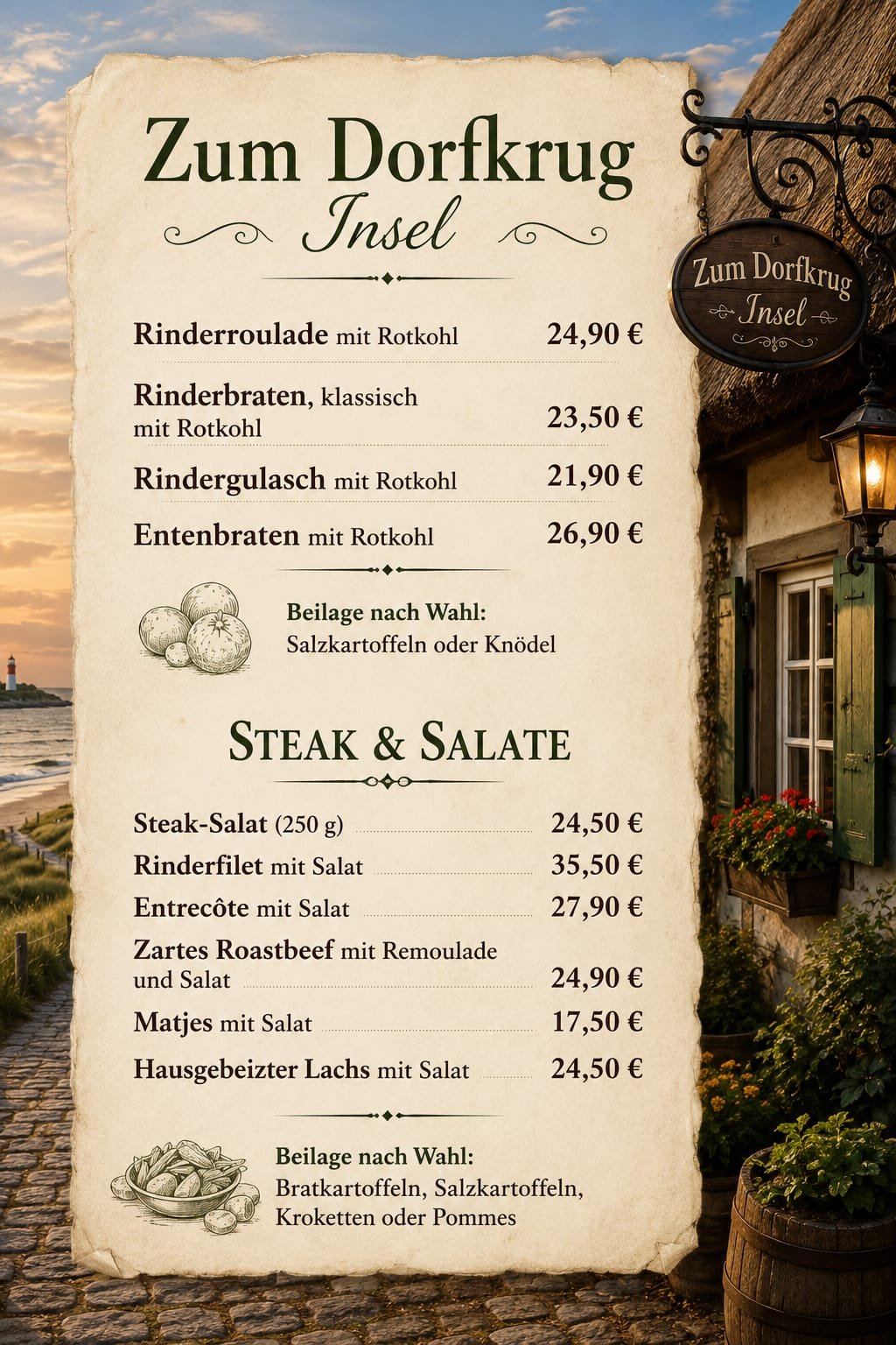 Speisekarte mit Gerichten und Preisen im Freien, darunter Rinderroulade, Rinderbraten, Rindergulasch, Entenbraten, Steak, Rinderfilet, Entrecôte, Roastbeef, Matjes, Lachs, Beilagen wie Salzkartoffeln, Knödel, Kroketten oder Pommes.