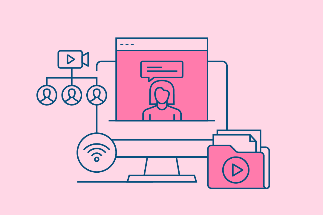 Illustration of a video conferencing concept with icons of a computer screen, chat bubble, people, video player, Wi-Fi symbol, and file folder.