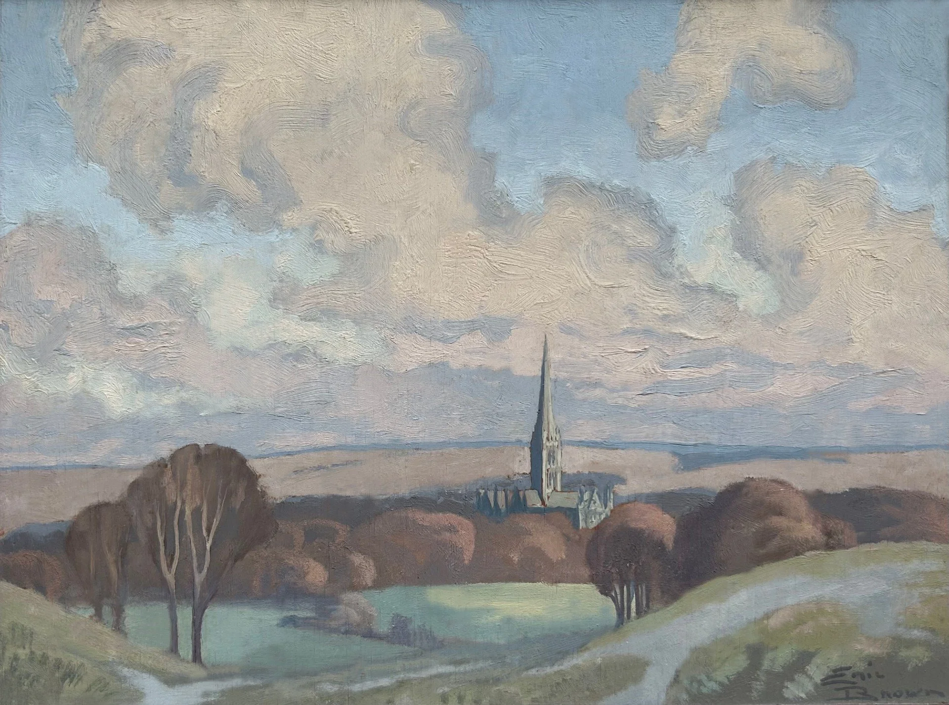 Darnley Fine Art: Eric Brown (1894-1955), Salisbury Cathedral in Landscape, oil on board,
10 ½ x 14 (26.5 x 35.5 cm)