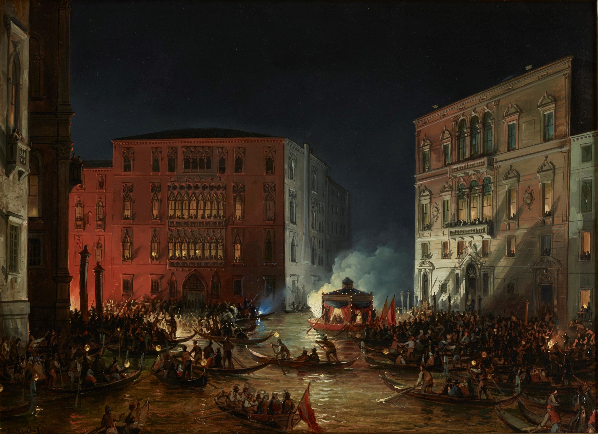 Charles Beddington: Carlo Grubas (Venice 1802-1870), Venice: The Volta di Canal at Night with the Festivities in Honour of Emperor Ferdinand I of Austria, 7th October, 1838, oil on canvas, 19 ⅞ x 27 ¼ in. (50.5 x 69.2 cm.)