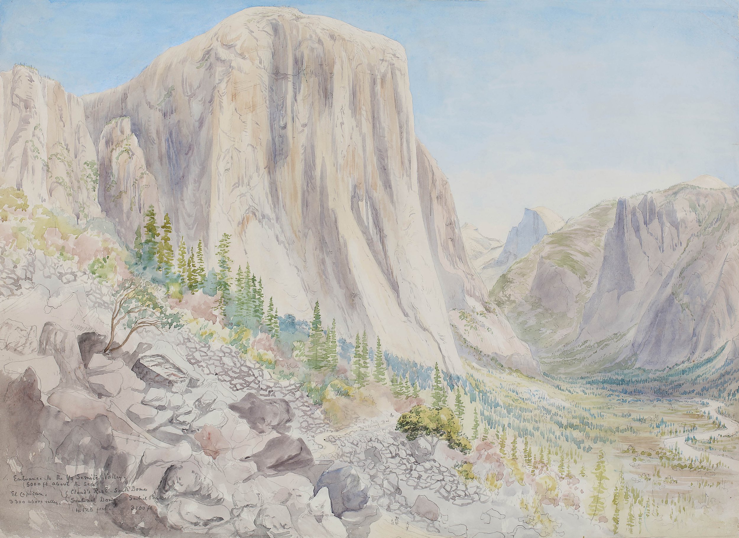 Karen Taylor Fine Art: Constance Gordon-Cumming (1837-1924), Entrance to the Yosemite Valley, watercolour over pencil, 49 x 58 cm.; 19 ¼ x 22 ¾ inches