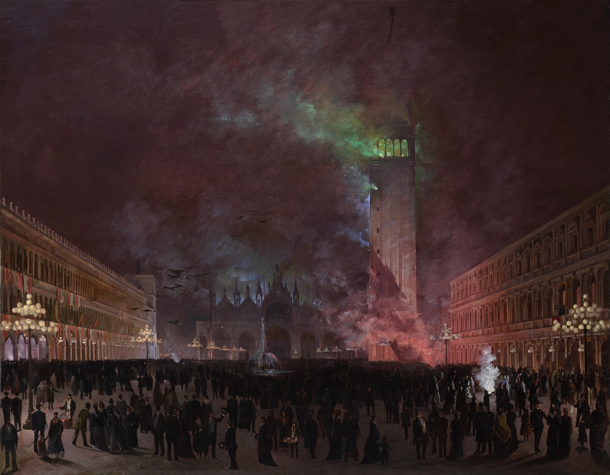 Charles Beddington: Giovanni Grubas (Venice 1829 – 1919 Pola)
The Piazza San Marco by Night with Victor Emmanuel II, King of Italy, and Franz Joseph I, Emperor of Austria and King of Hungary, greeting the Crowd from the Imperial Apartments in the Pro