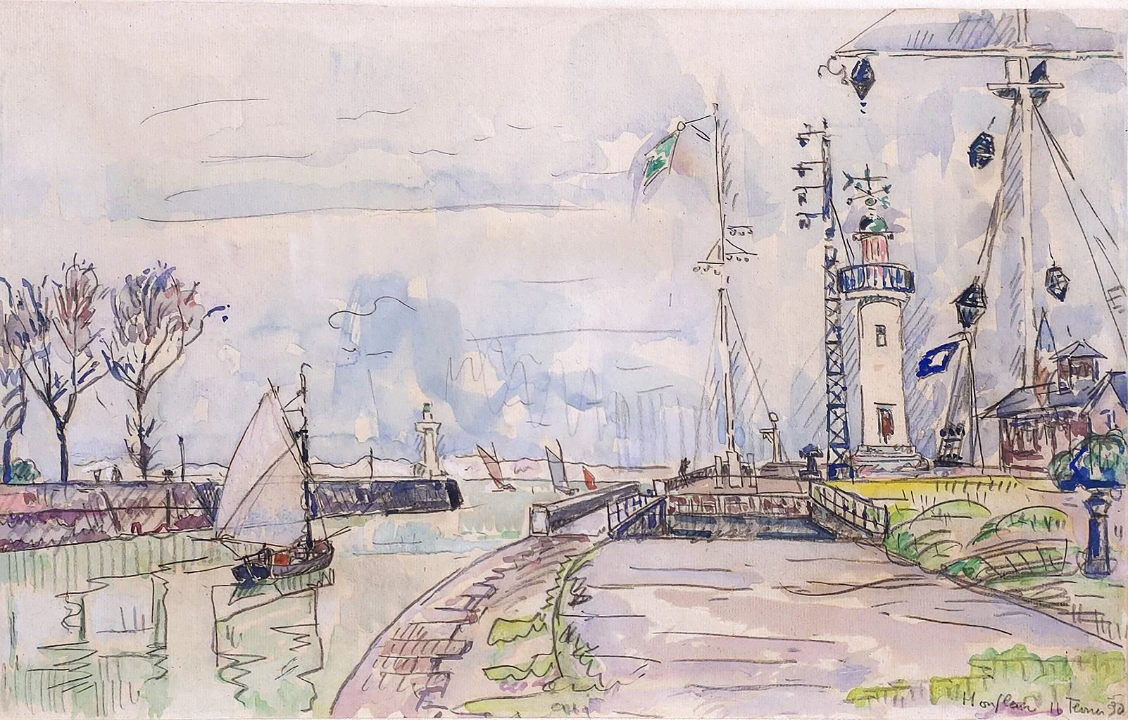 Haynes Fine Art: Paul Signac (1863-1935), Honfleur, 11 Fevrier 30, mixed media on paper laid on card, inscribed lower right, paper size: 10.75 x 17.5 inches