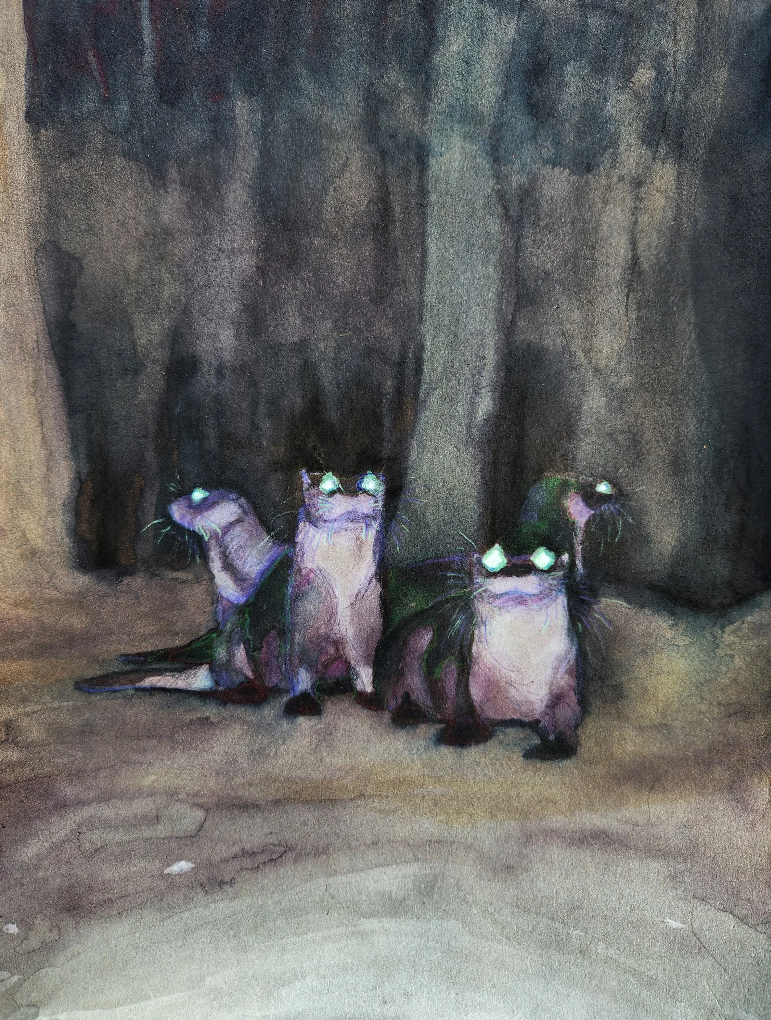 Otter Family Encounters an Alien (2025), ink, pigment, mixed-media