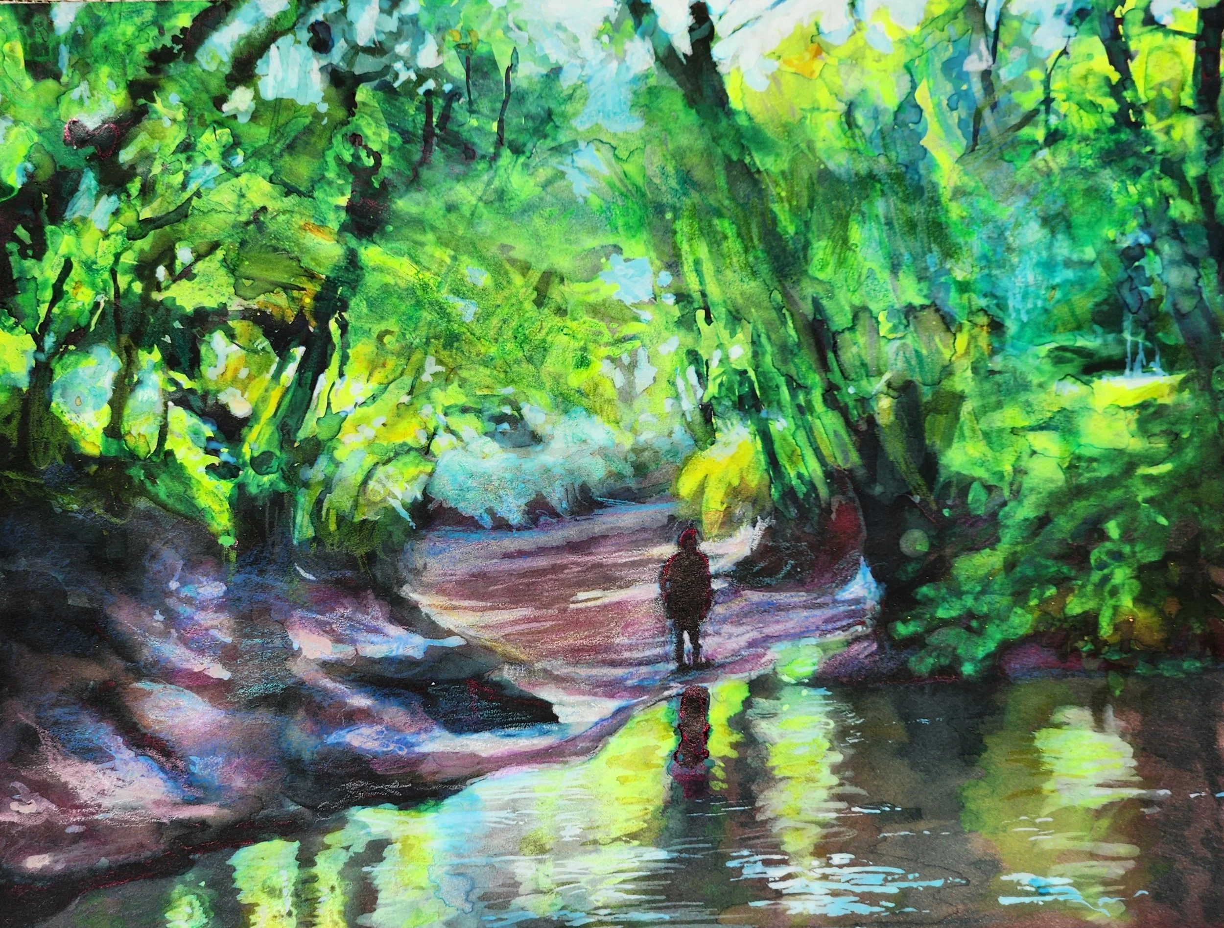Time Traveling in Little Alamance Creek (2025), ink and mixed-media