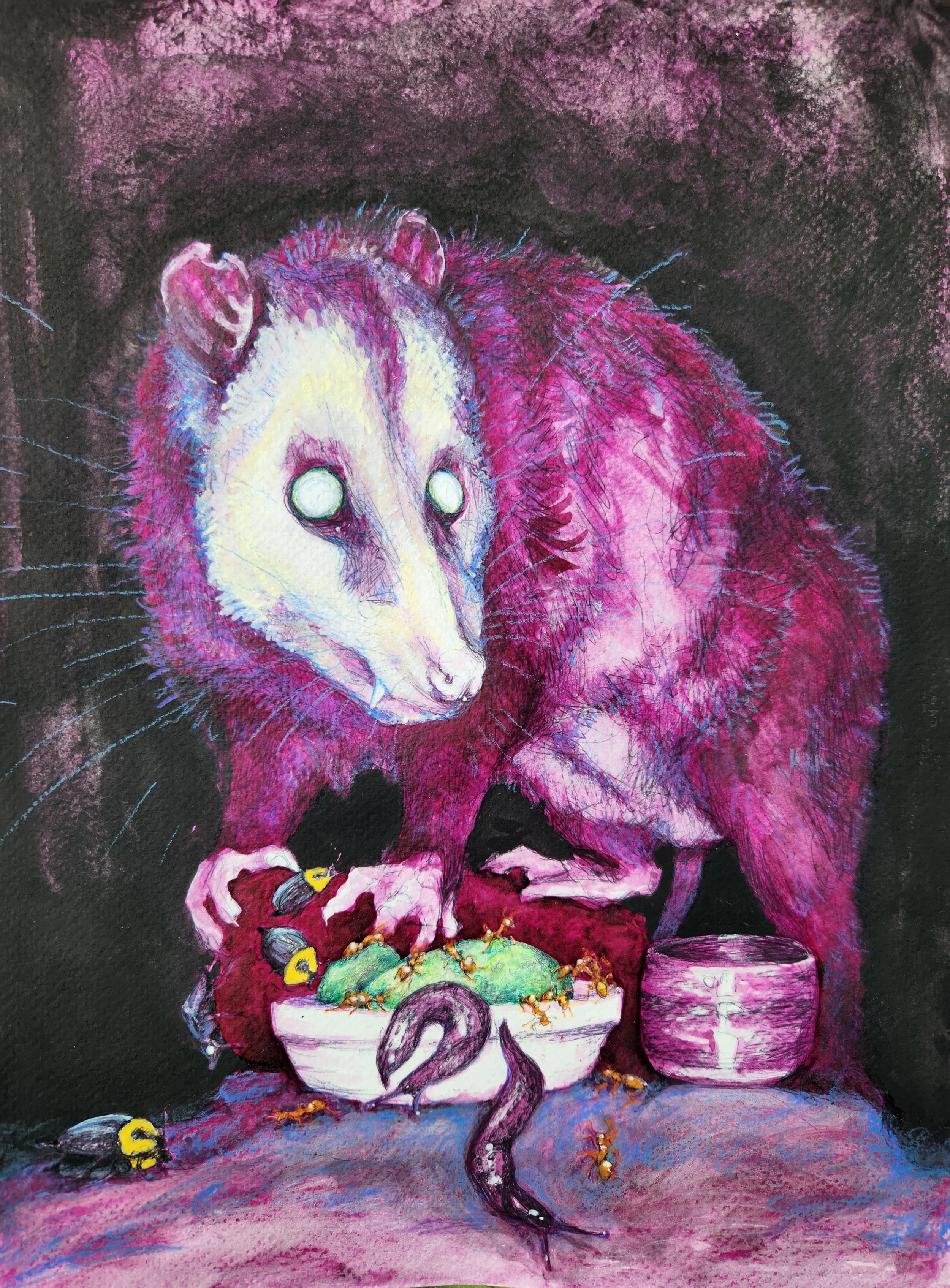 Pokeberrry Opossum (2024), pokeberry juice, mixed-media