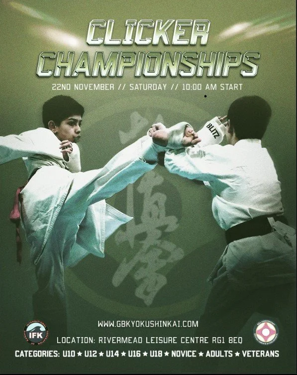 Two young karate competitors in white gi uniforms engaged in a match, with one executing a high kick and the other blocking, for the Clicker Championships event.