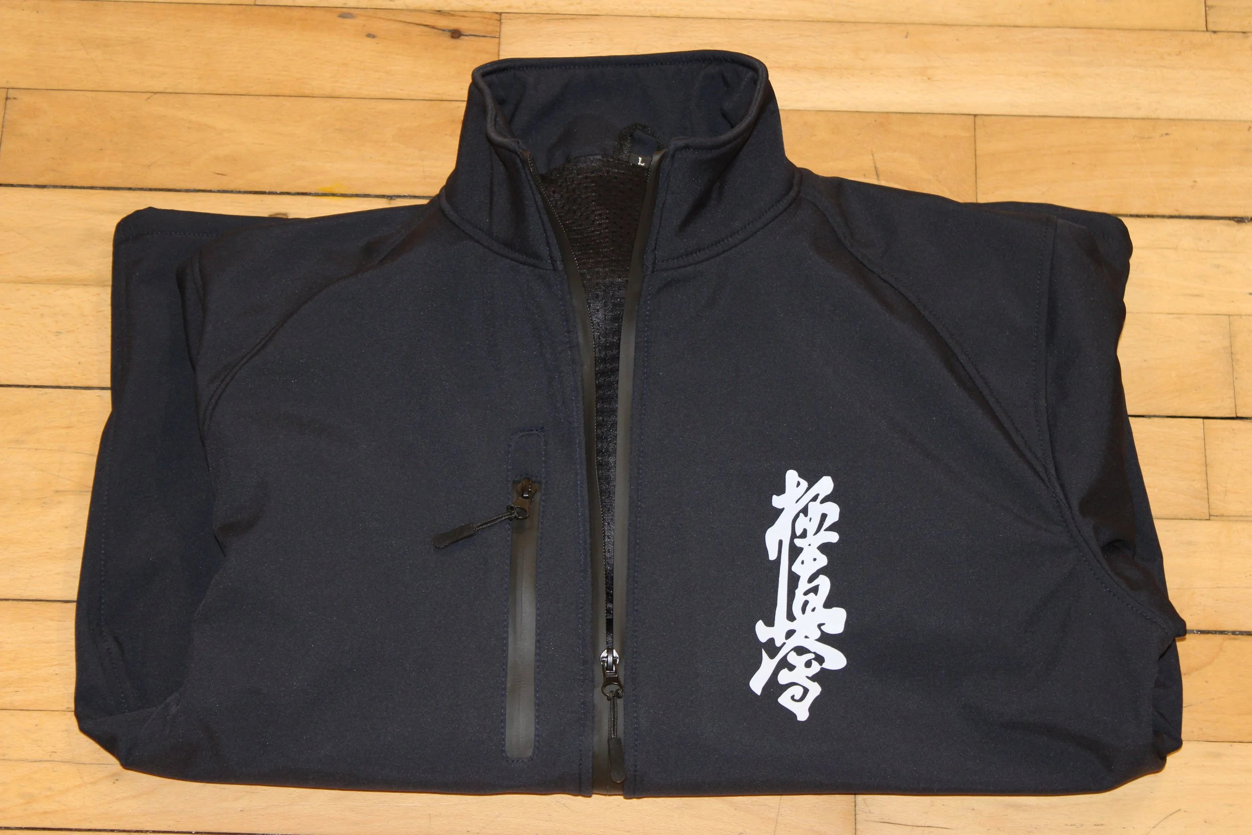 Navy jacket with kyokushin karate kanji in white
