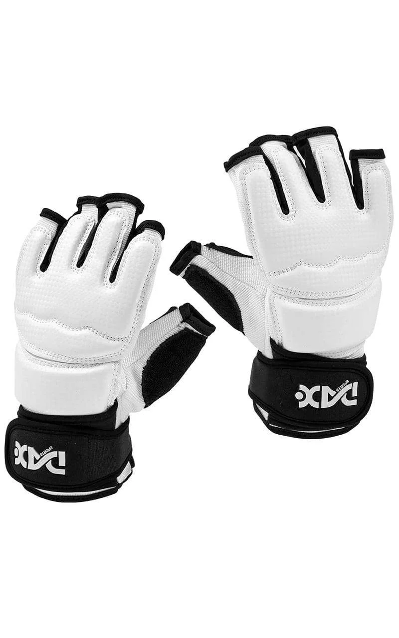 A pair of white kyokushin karate protective sparring gloves with black kihon supplies logo accents and adjustable wrist straps.