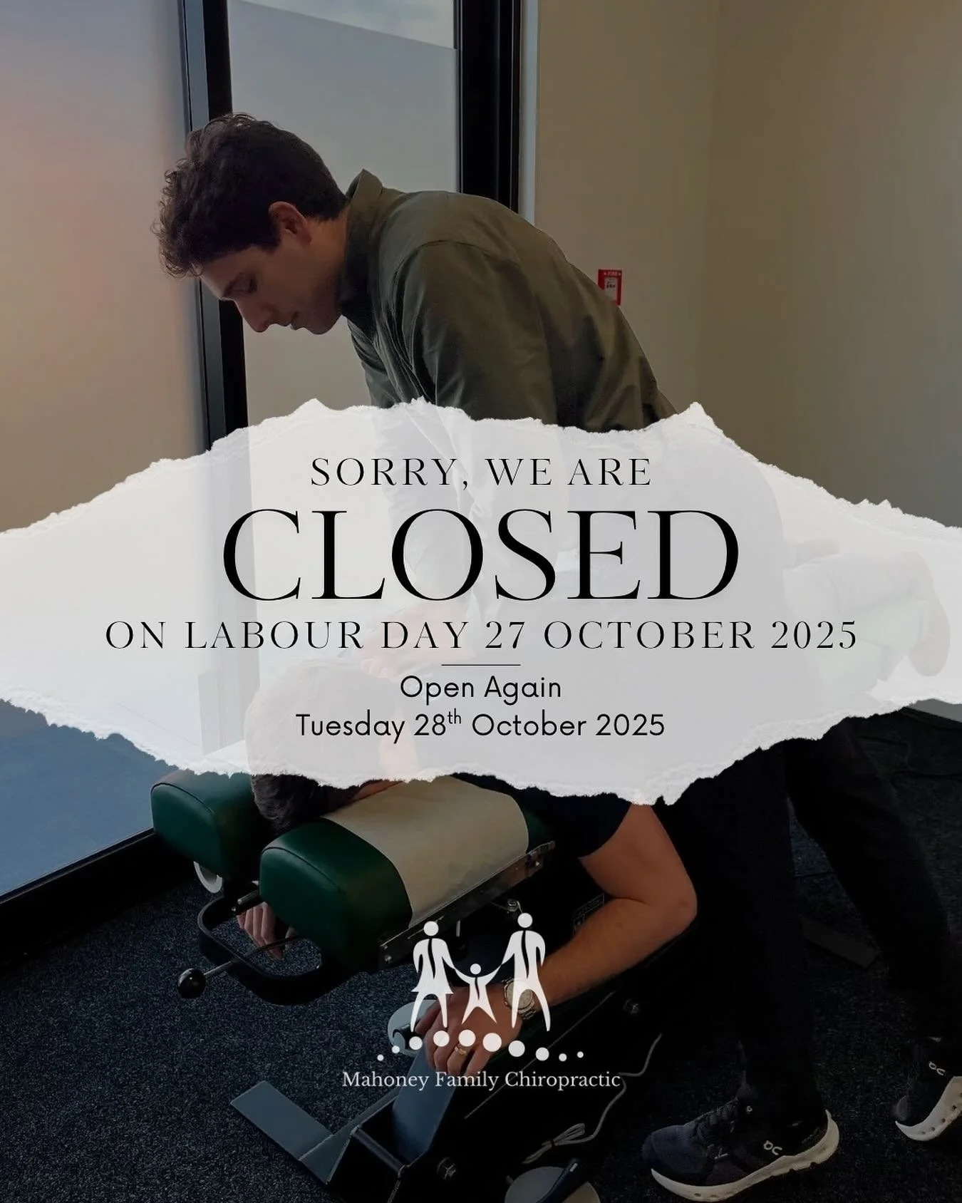 📢 Practice Closed for Labour Day 🛠️⁣
 ⁣
Please note that our practice will be closed on Labour Day (Monday, 27th October)⁣. We&rsquo;ll resume regular hours on Tuesday, October 28th.

Wishing everyone a safe and relaxing long weekend! 💆&zwj;♂️💆&z