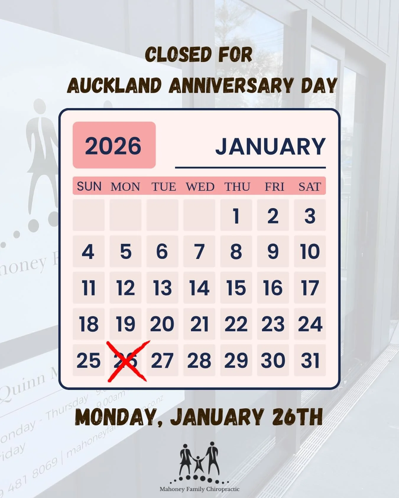ATTENTION KAIPĀTIKI - We will be closed Monday, January 26th for Auckland Anniversary Day. Normal office practice hours resume on Tuesday at 9 AM. 

We look forward to seeing you in the office!