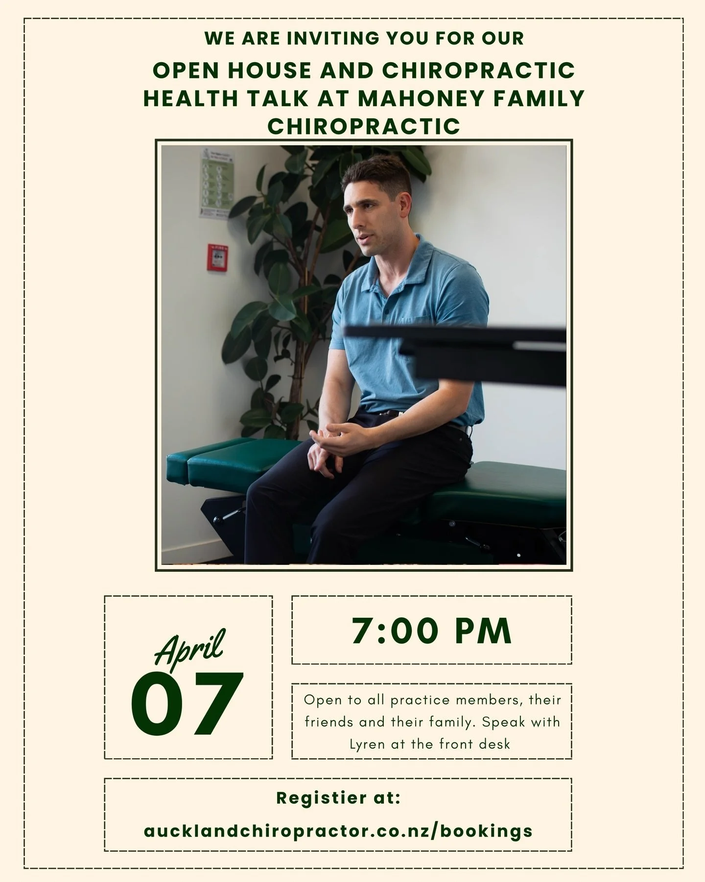 Open House and Chiropractic Health Talk at Mahoney Family Chiropractic

Join us for drinks, nibbles and a chiropractic health talk at 7pm on Tuesday, April 7th.

The talk will be 10-15 minutes, focusing on:

The importance of spinal health&nbsp;and&n