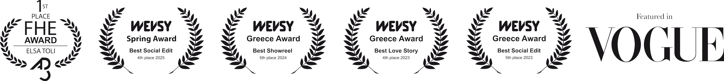 Graphic showing award laurels from Wevy and Vogue, with highlights of awards and rankings, including a first place FHE award.